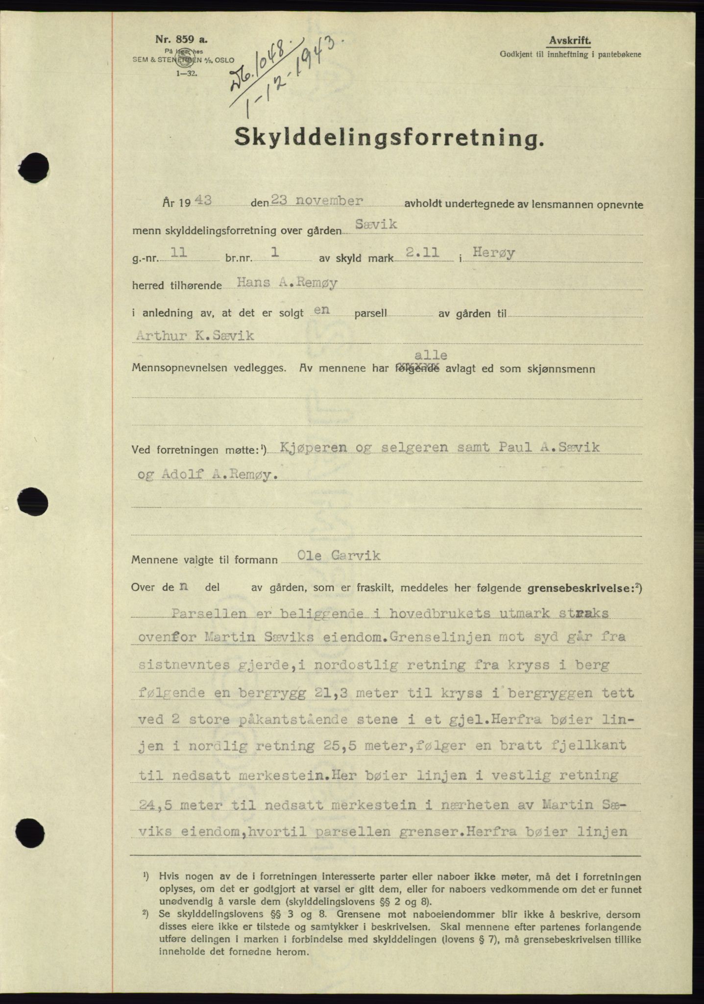 Søre Sunnmøre sorenskriveri, SAT/A-4122/1/2/2C/L0075: Pantebok nr. 1A, 1943-1943, Dagboknr: 1048/1943