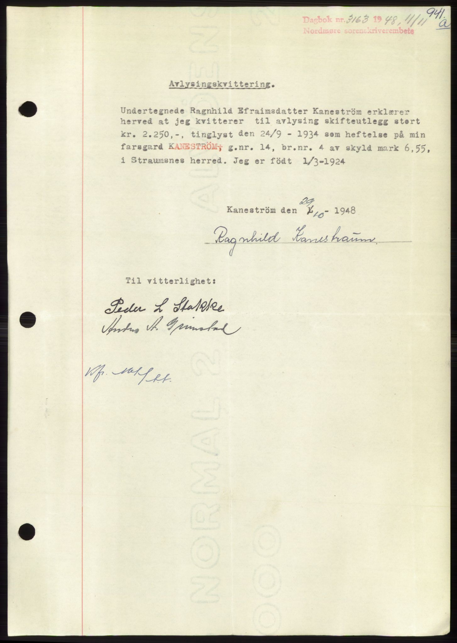Nordmøre sorenskriveri, SAT/A-4132/1/2/2Ca: Pantebok nr. B99, 1948-1948, Dagboknr: 3163/1948