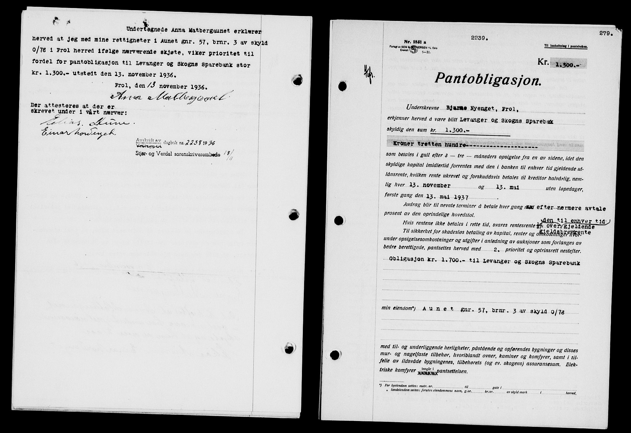 Stjør- og Verdal sorenskriveri, SAT/A-4167/1/2/2C/L0078: Pantebok nr. 46, 1936-1937, Dagboknr: 2239/1936
