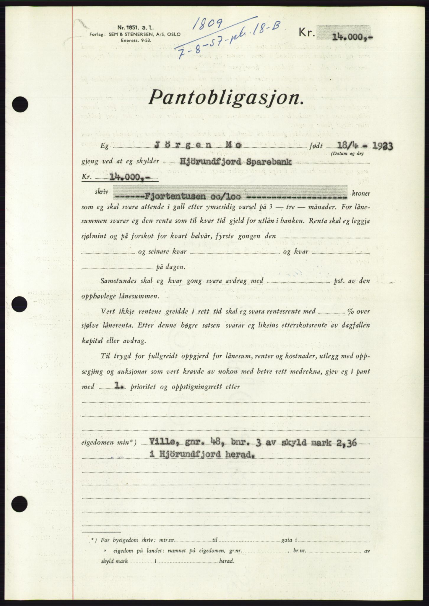 Søre Sunnmøre sorenskriveri, AV/SAT-A-4122/1/2/2C/L0130: Pantebok nr. 18B, 1957-1958, Dagboknr: 1809/1957