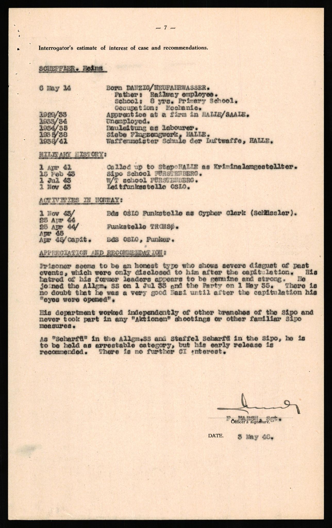 Forsvaret, Forsvarets overkommando II, AV/RA-RAFA-3915/D/Db/L0029: CI Questionaires. Tyske okkupasjonsstyrker i Norge. Tyskere., 1945-1946, s. 91