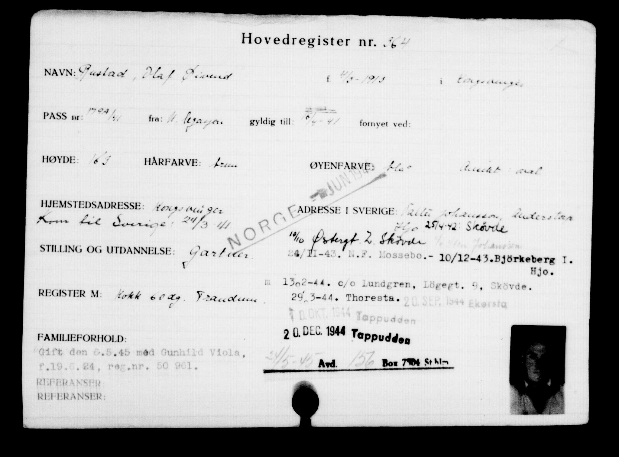 Utenriksstasjonene, Legasjonen i Stockholm, Flyktningkontoret, AV/RA-S-6753/V/Va/L0001: Kjesäterkartoteket, flyktninger med registreringsnr. 1-1000, 1940-1945, s. 575