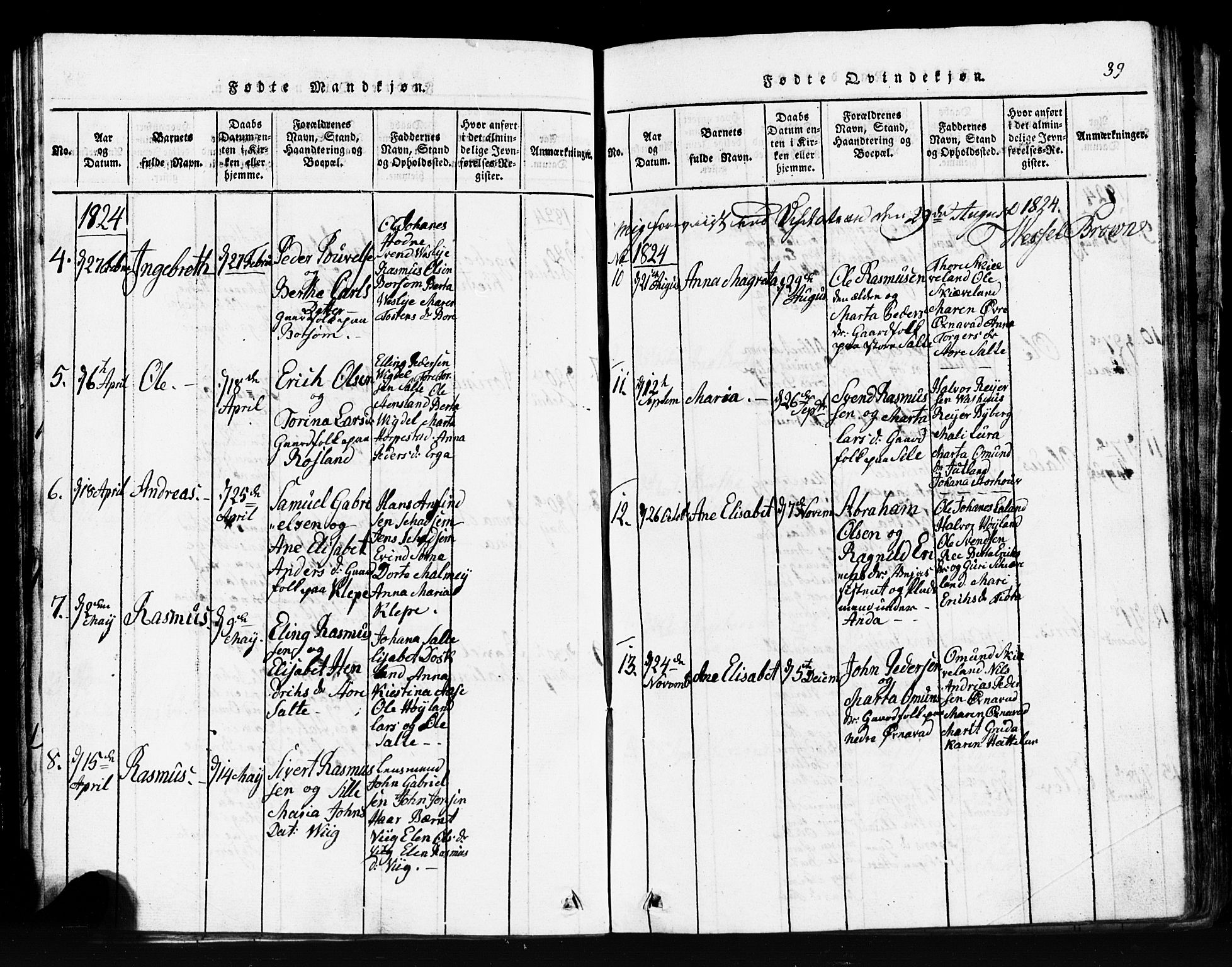 Klepp sokneprestkontor, AV/SAST-A-101803/001/3/30BB/L0001: Klokkerbok nr.  B 1, 1816-1859, s. 39