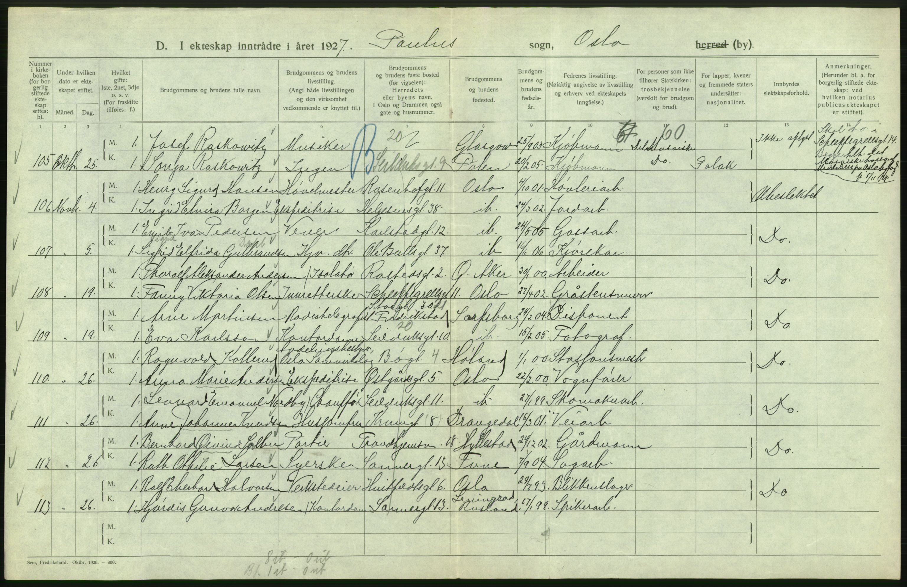 Statistisk sentralbyrå, Sosiodemografiske emner, Befolkning, AV/RA-S-2228/D/Df/Dfc/Dfcg/L0008: Oslo: Gifte, 1927, s. 470