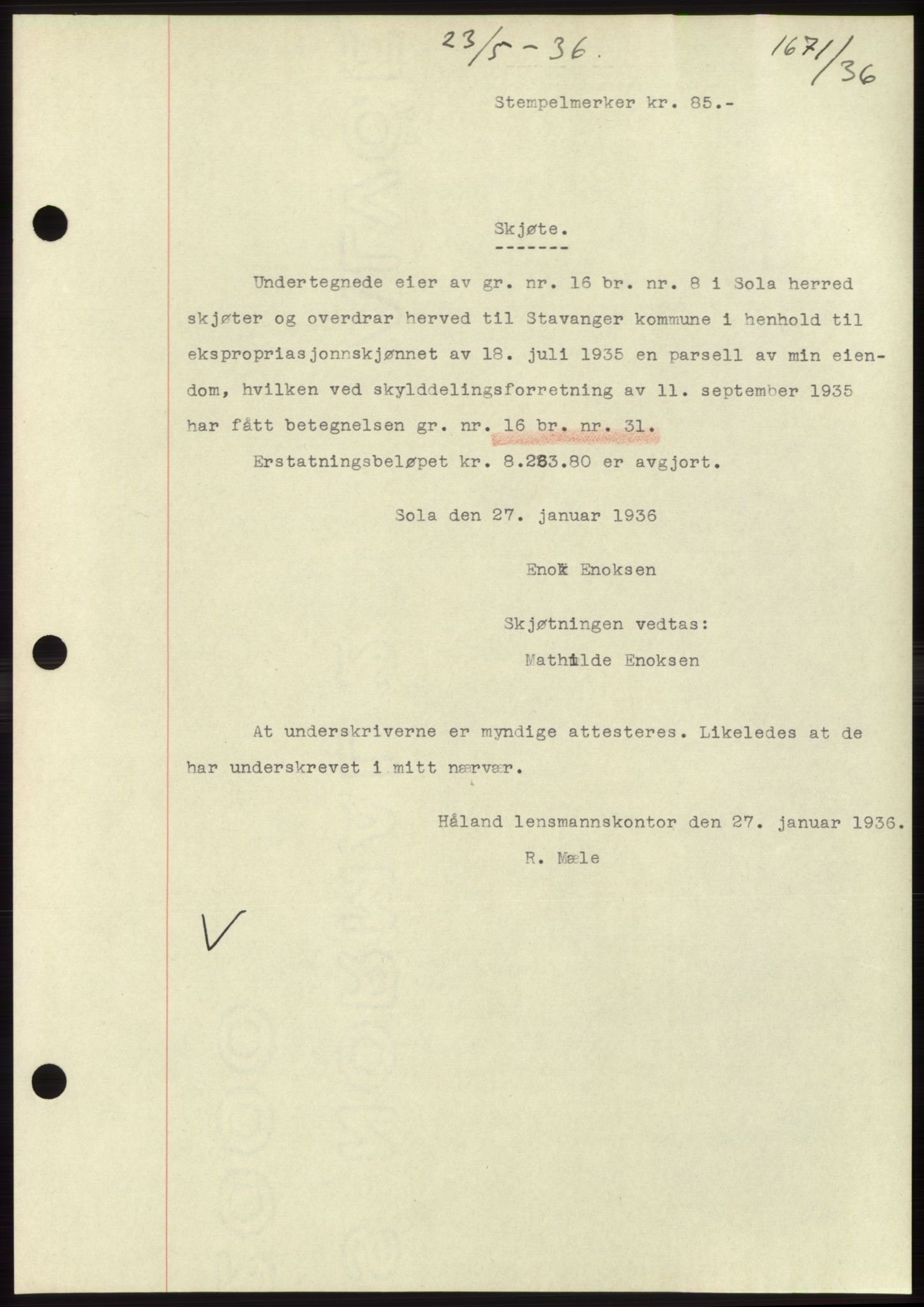 Jæren sorenskriveri, SAST/A-100310/03/G/Gba/L0065: Pantebok nr. 71, 1936-1936, Dagboknr: 1671/1936