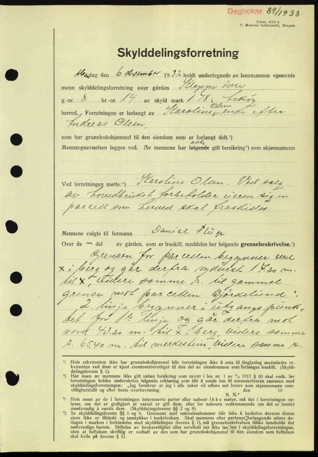 Midhordland sorenskriveri, SAB/A-3001/1/G/Gb/Gbh/L0005: Pantebok nr. A9-10, 1938-1938, Dagboknr: 89/1938