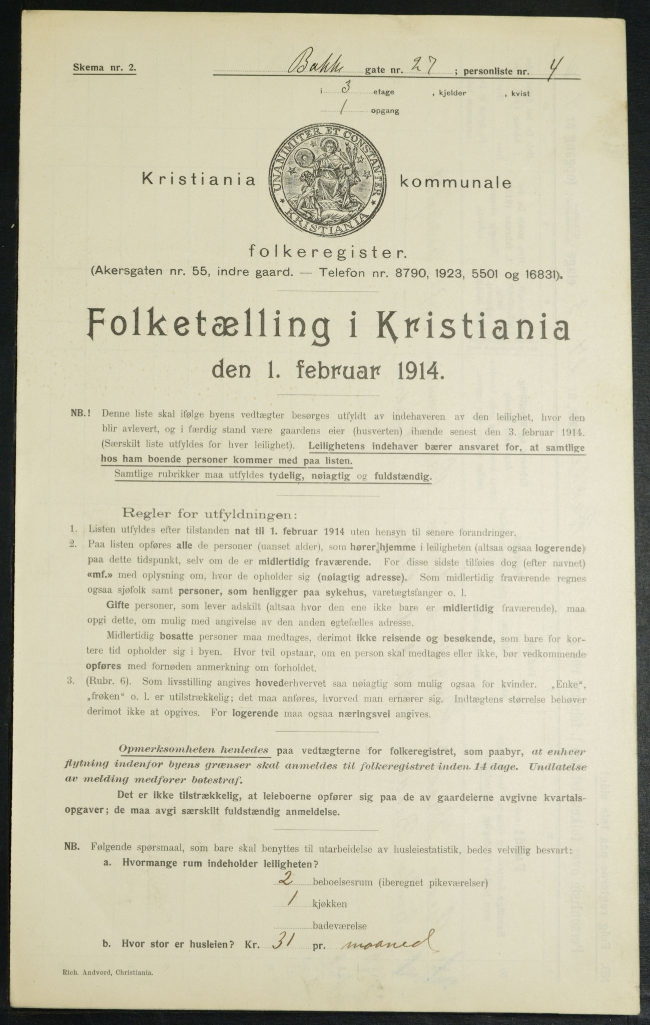 OBA, Kommunal folketelling 1.2.1914 for Kristiania, 1914, s. 3045