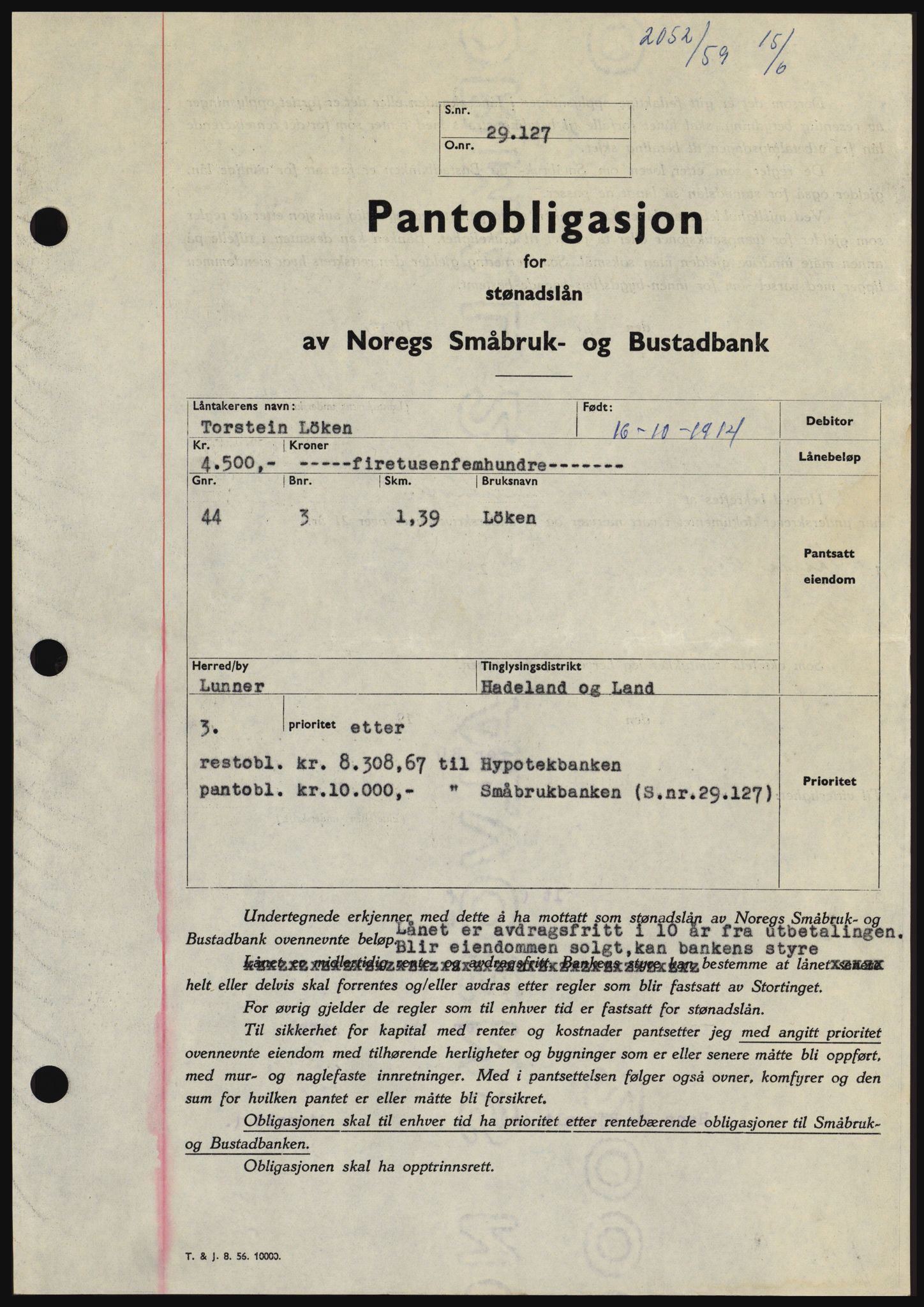 Hadeland og Land tingrett, SAH/TING-010/H/Hb/Hbc/L0040: Pantebok nr. B40, 1959-1959, Dagboknr: 2052/1959