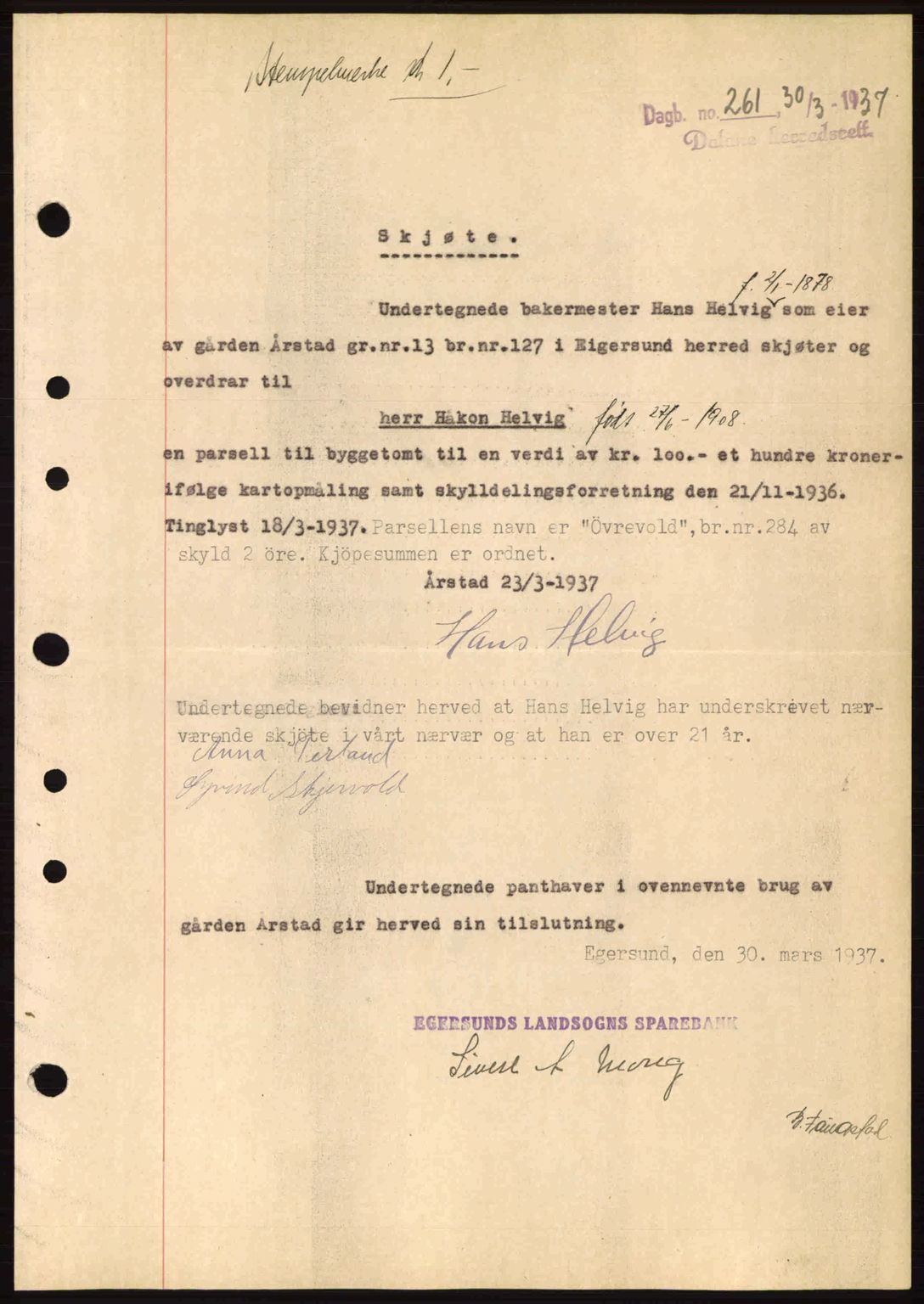 Dalane sorenskriveri, SAST/A-100309/02/G/Gb/L0041: Pantebok nr. A2, 1936-1937, Dagboknr: 261/1937