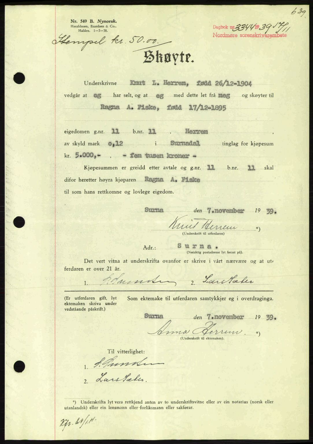 Nordmøre sorenskriveri, SAT/A-4132/1/2/2Ca: Pantebok nr. A87, 1939-1940, Dagboknr: 3344/1939
