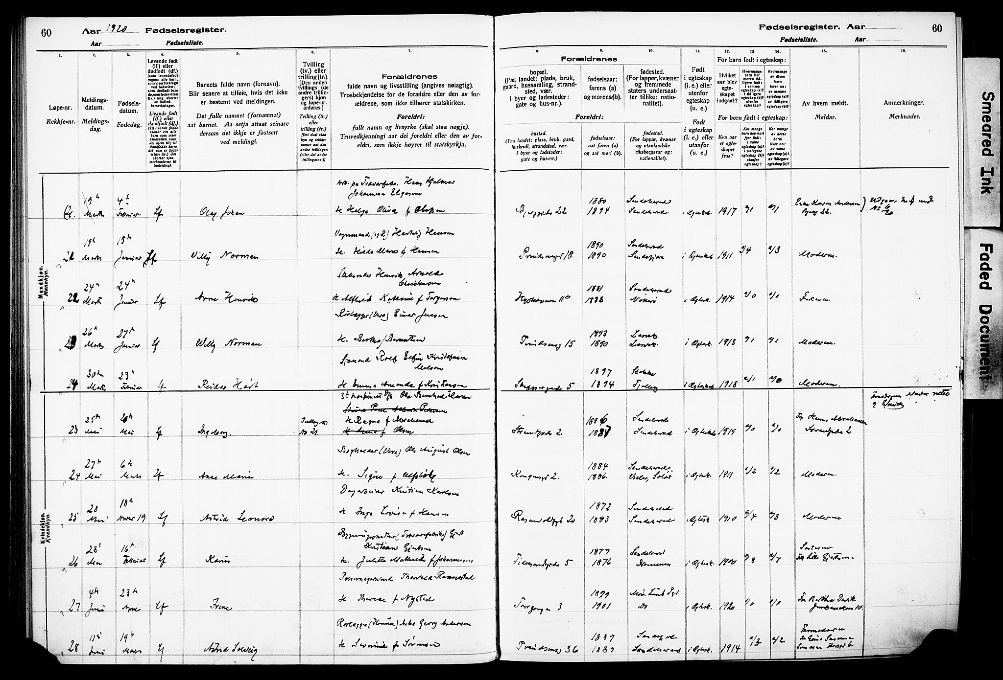 Sandefjord kirkebøker, AV/SAKO-A-315/J/Ja/L0001: Fødselsregister nr. 1, 1916-1932, s. 60