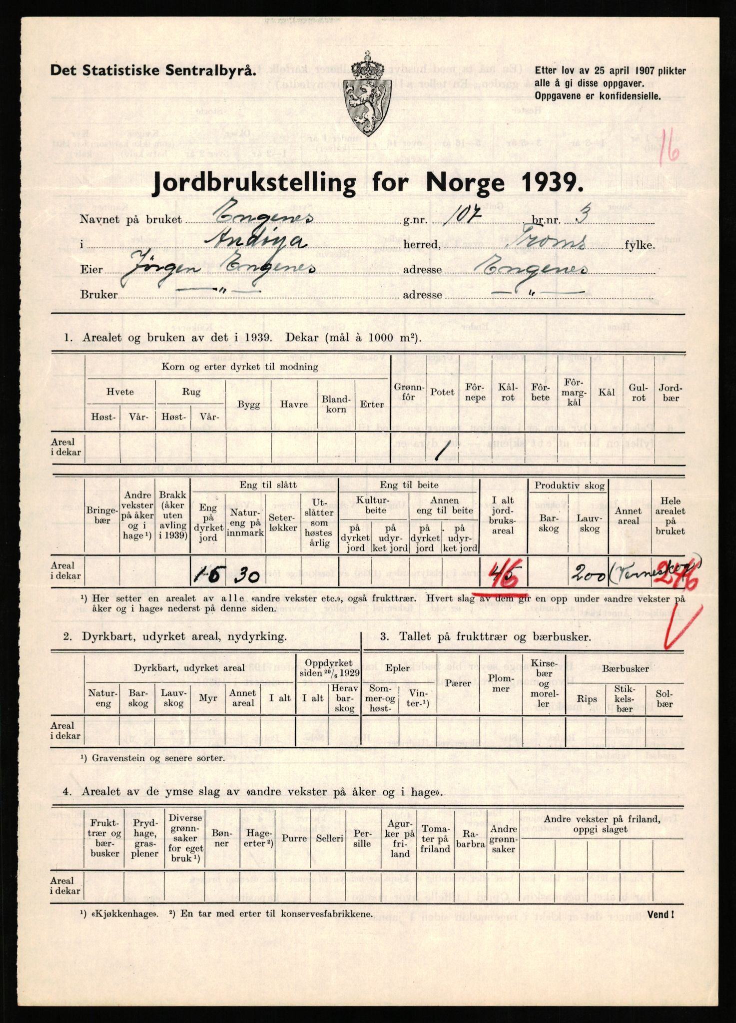 Statistisk sentralbyrå, Næringsøkonomiske emner, Jordbruk, skogbruk, jakt, fiske og fangst, AV/RA-S-2234/G/Gb/L0339: Troms: Andørja, Astafjord og Lavangen, 1939, s. 790