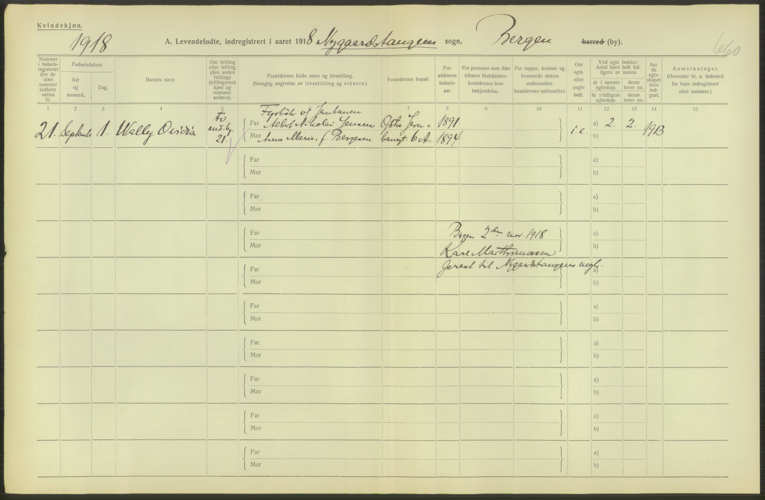 Statistisk sentralbyrå, Sosiodemografiske emner, Befolkning, AV/RA-S-2228/D/Df/Dfb/Dfbh/L0037: Bergen: Levendefødte menn og kvinner., 1918, s. 36