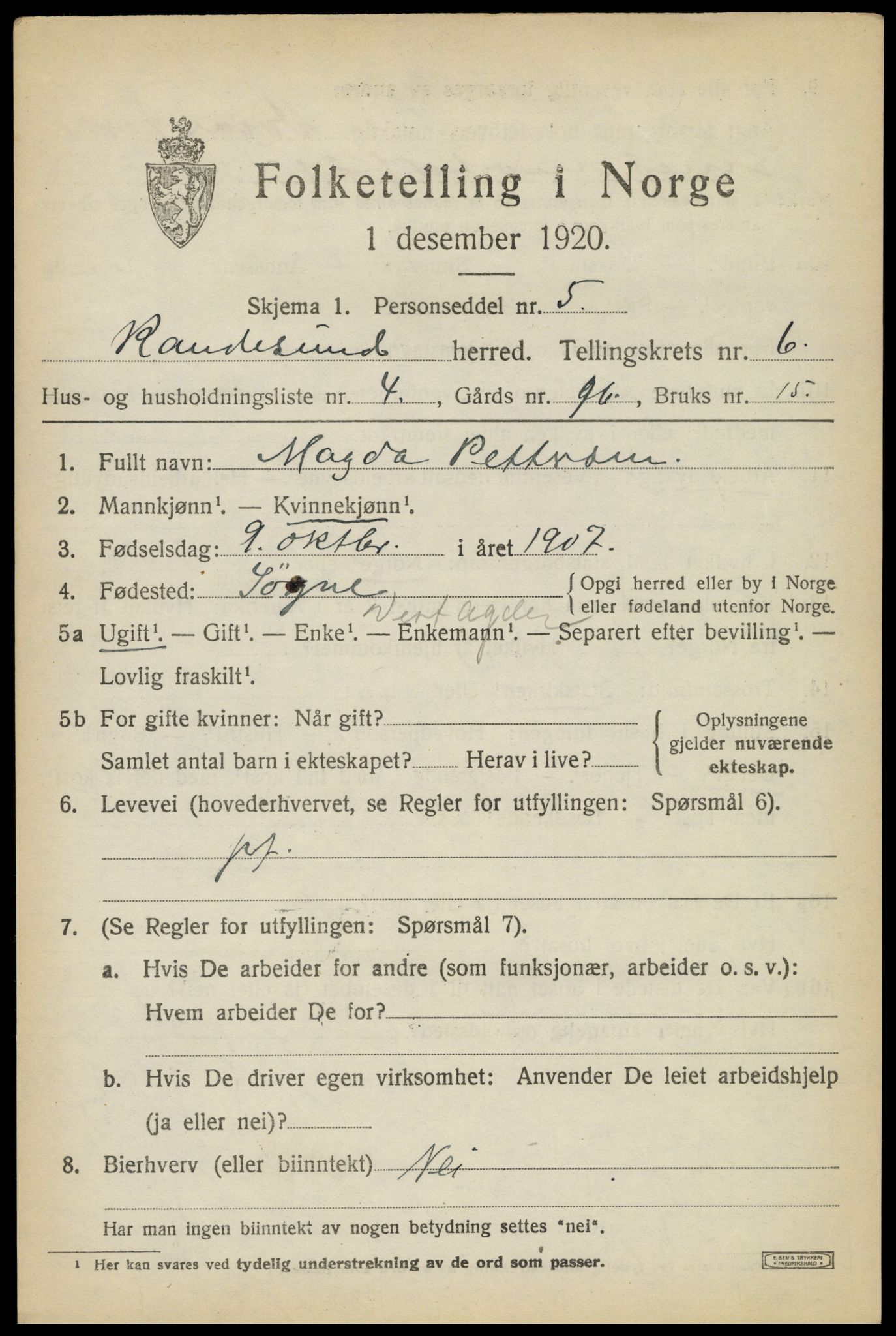 SAK, Folketelling 1920 for 1011 Randesund herred, 1920, s. 2778