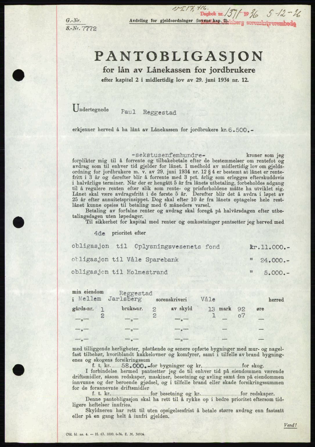 Horten sorenskriveri, SAKO/A-133/G/Ga/Gab/L0001: Pantebok nr. B-1 - B-2, 1936-1938, Dagboknr: 1371/1936