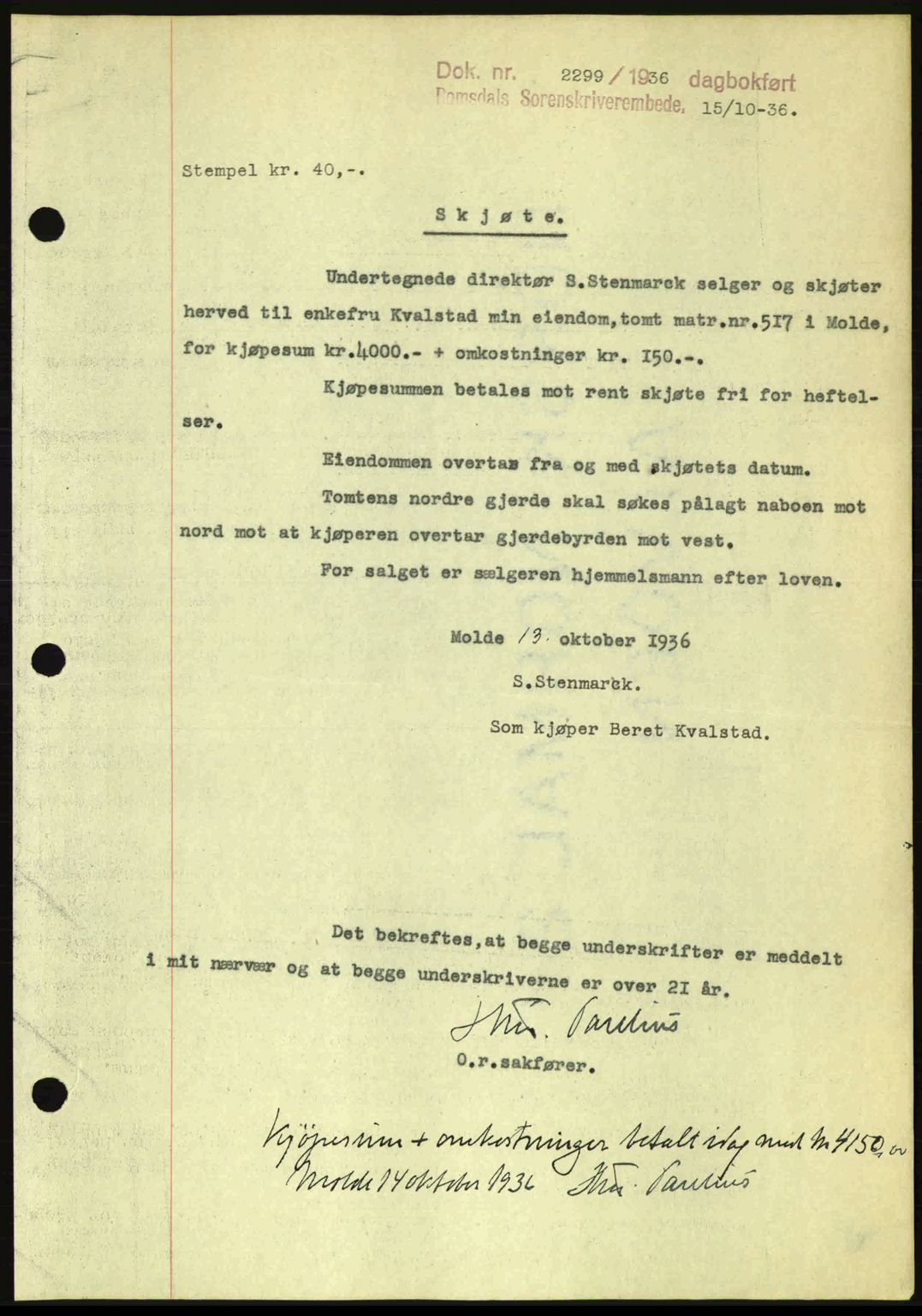 Romsdal sorenskriveri, SAT/A-4149/1/2/2C: Pantebok nr. A2, 1936-1937, Dagboknr: 2299/1936