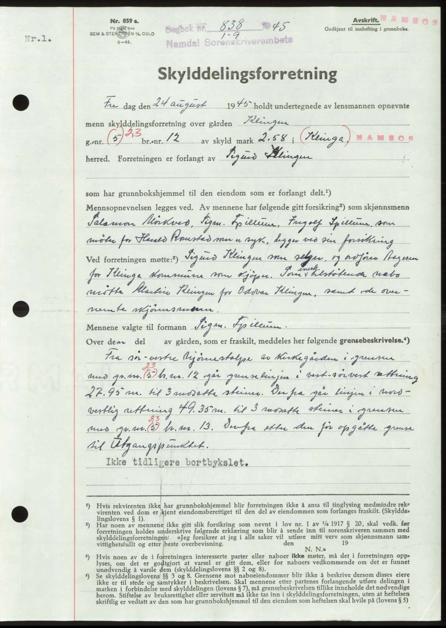 Namdal sorenskriveri, SAT/A-4133/1/2/2C: Pantebok nr. -, 1944-1945, Dagboknr: 838/1945