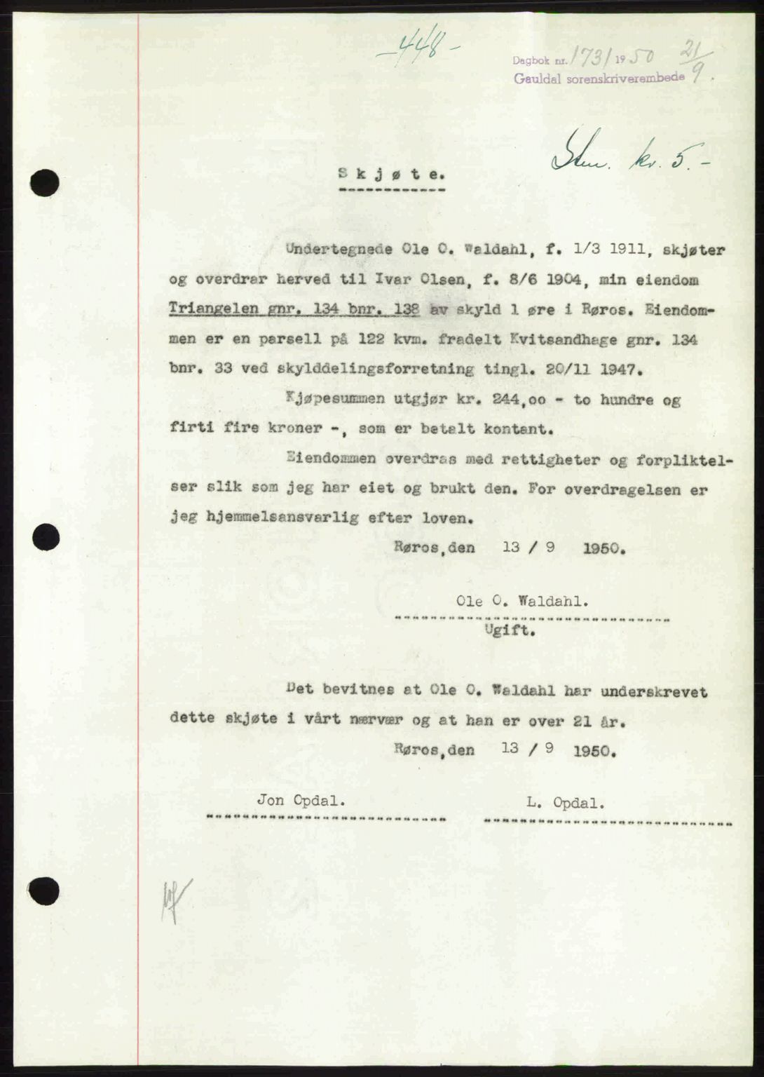 Gauldal sorenskriveri, SAT/A-0014/1/2/2C: Pantebok nr. A11, 1950-1950, Dagboknr: 1731/1950