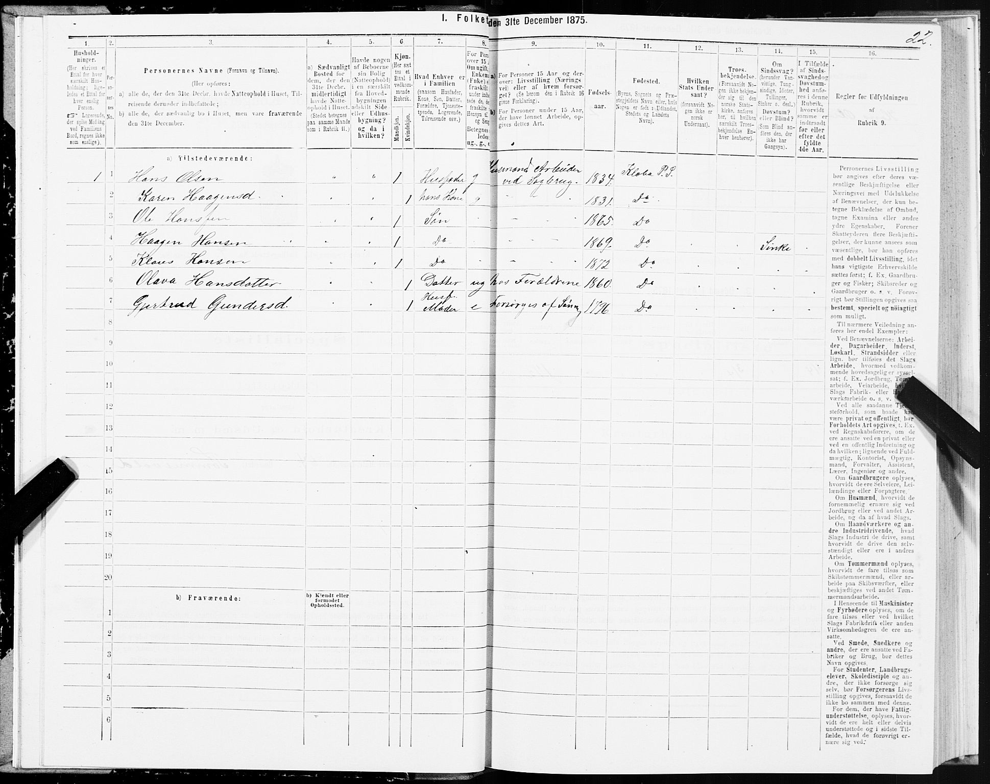 SAT, Folketelling 1875 for 1662P Klæbu prestegjeld, 1875, s. 2022