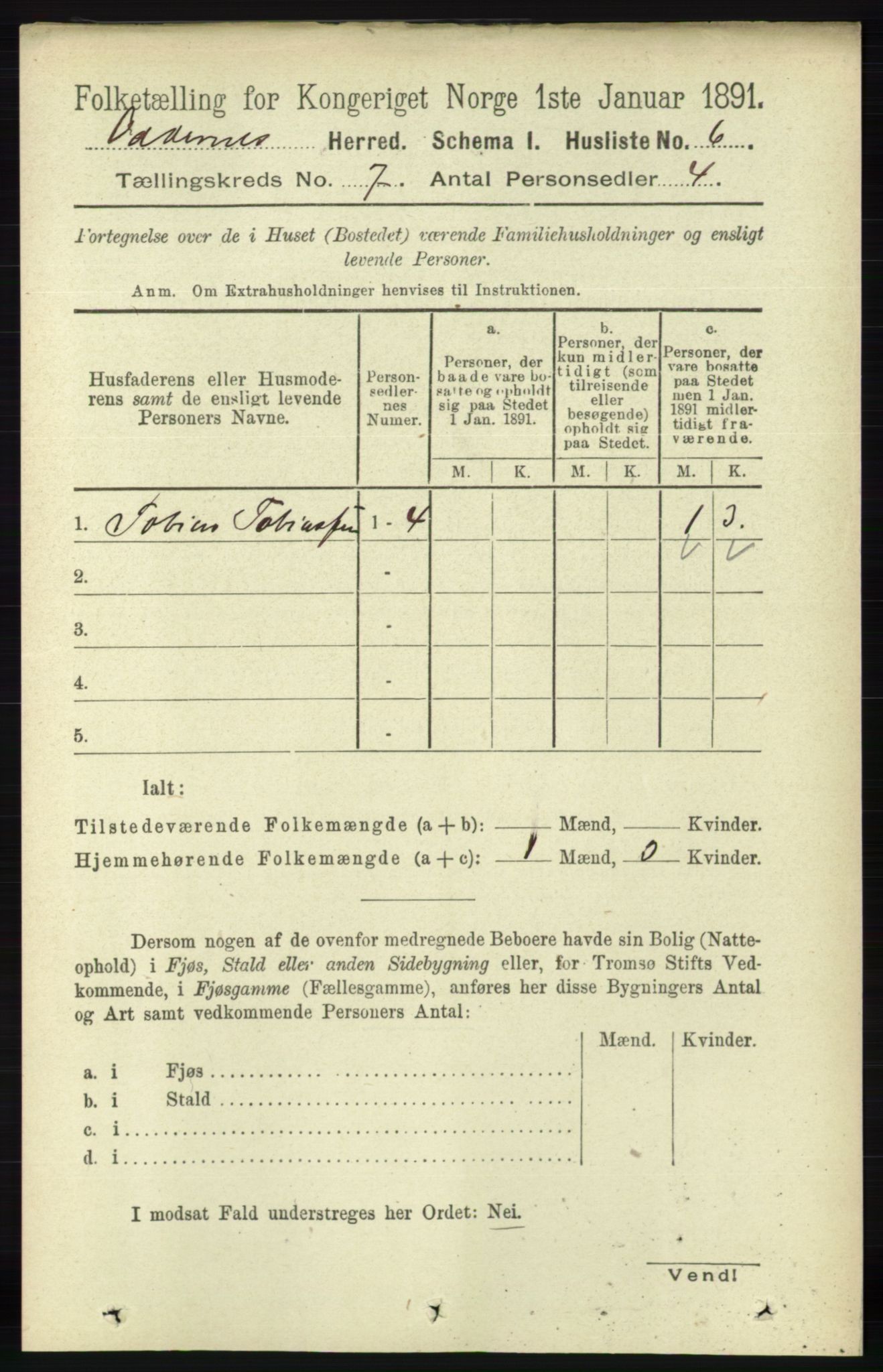 RA, Folketelling 1891 for 1012 Oddernes herred, 1891, s. 2453