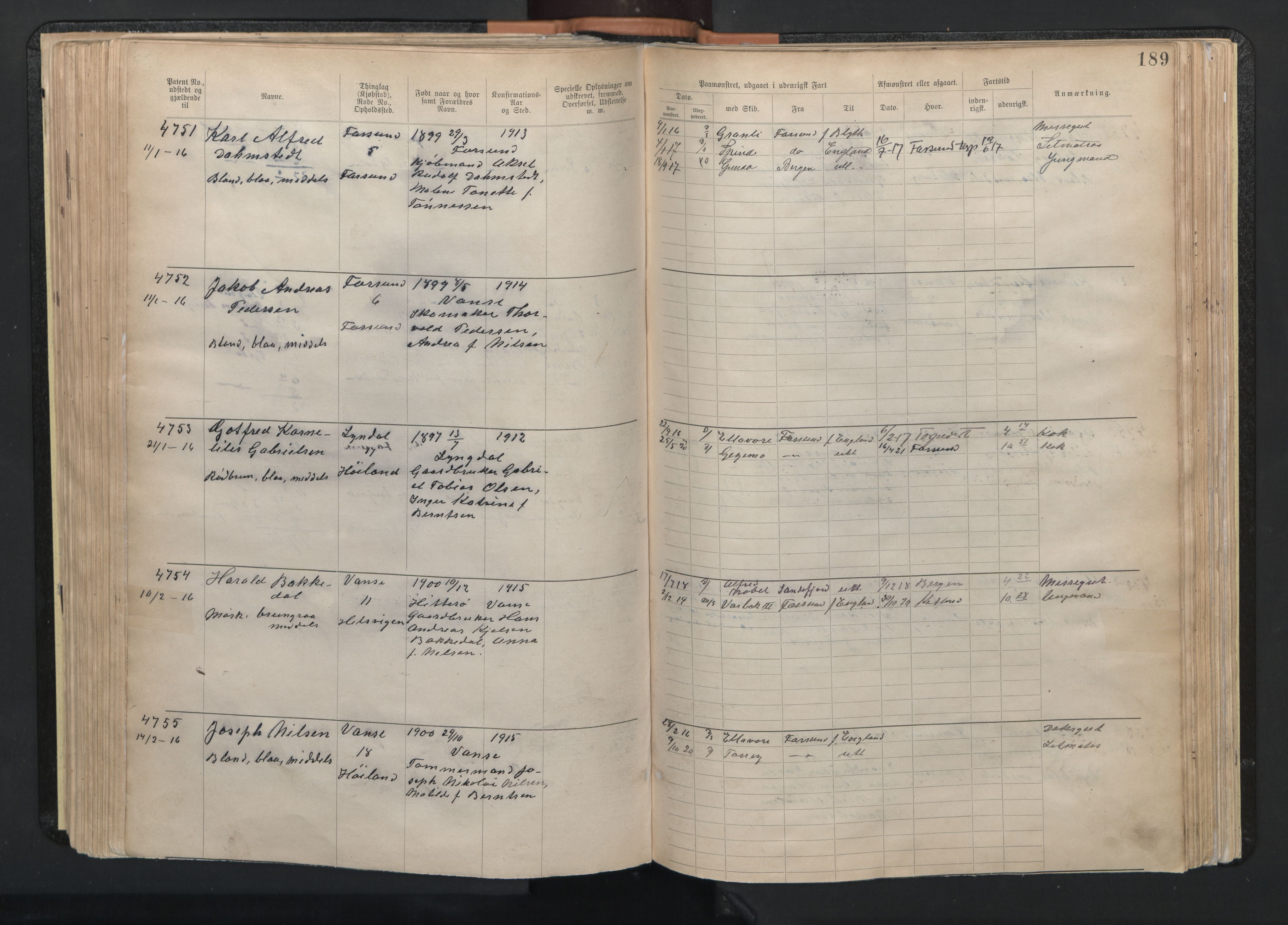 Farsund mønstringskrets, SAK/2031-0017/F/Fa/L0003: Annotasjonsrulle nr 3816-5304 med register, M-3, 1894-1948, s. 220