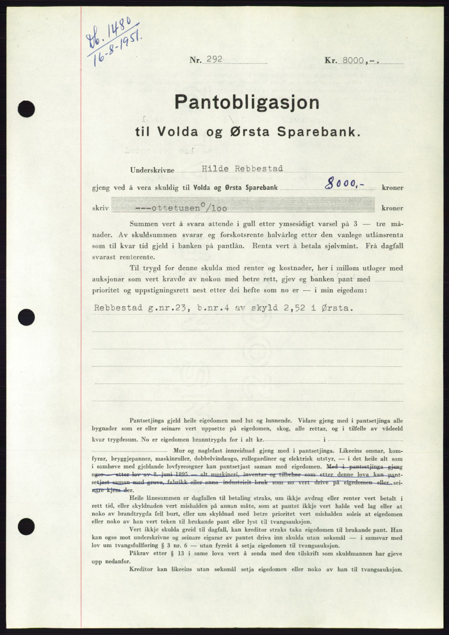 Søre Sunnmøre sorenskriveri, AV/SAT-A-4122/1/2/2C/L0120: Pantebok nr. 8B, 1951-1951, Dagboknr: 1480/1951