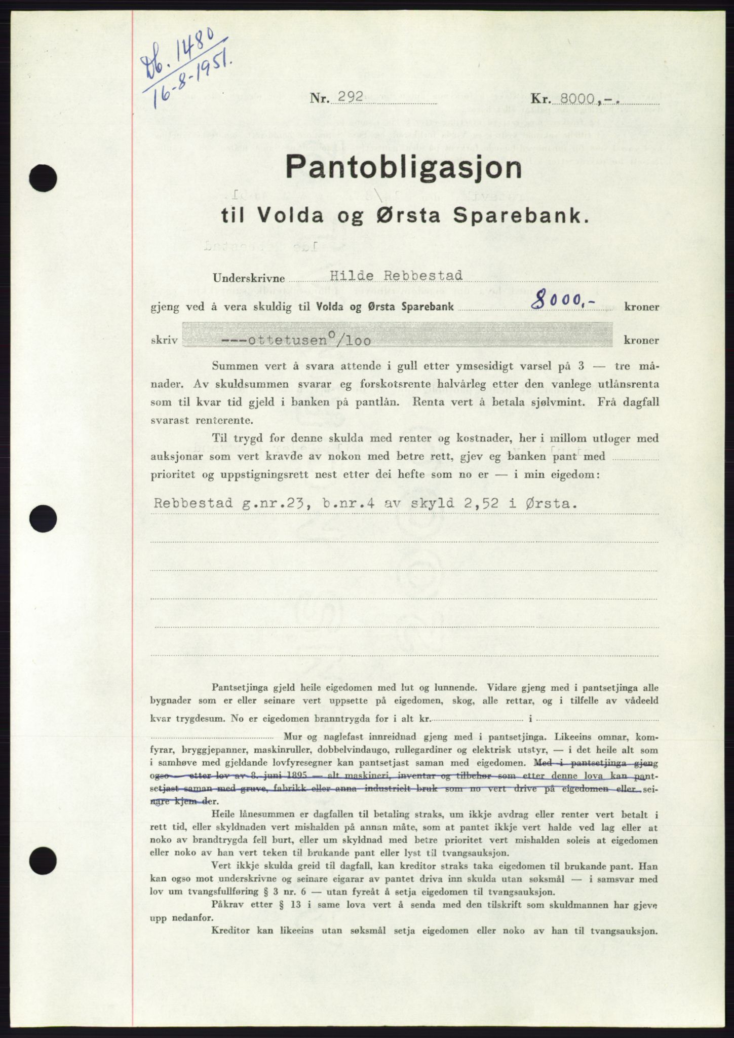 Søre Sunnmøre sorenskriveri, SAT/A-4122/1/2/2C/L0120: Pantebok nr. 8B, 1951-1951, Dagboknr: 1480/1951