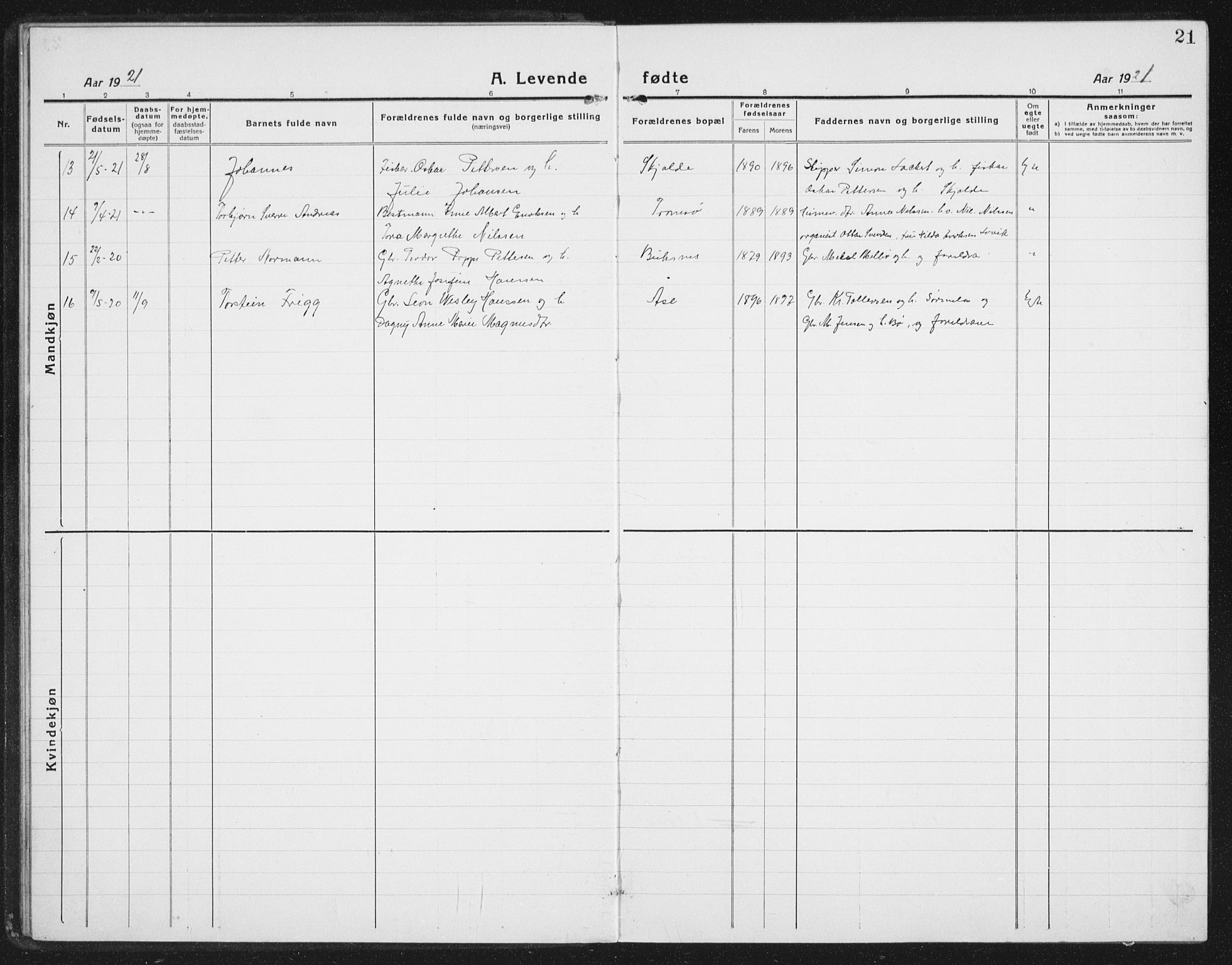 Ministerialprotokoller, klokkerbøker og fødselsregistre - Nordland, AV/SAT-A-1459/898/L1428: Klokkerbok nr. 898C03, 1918-1938, s. 21