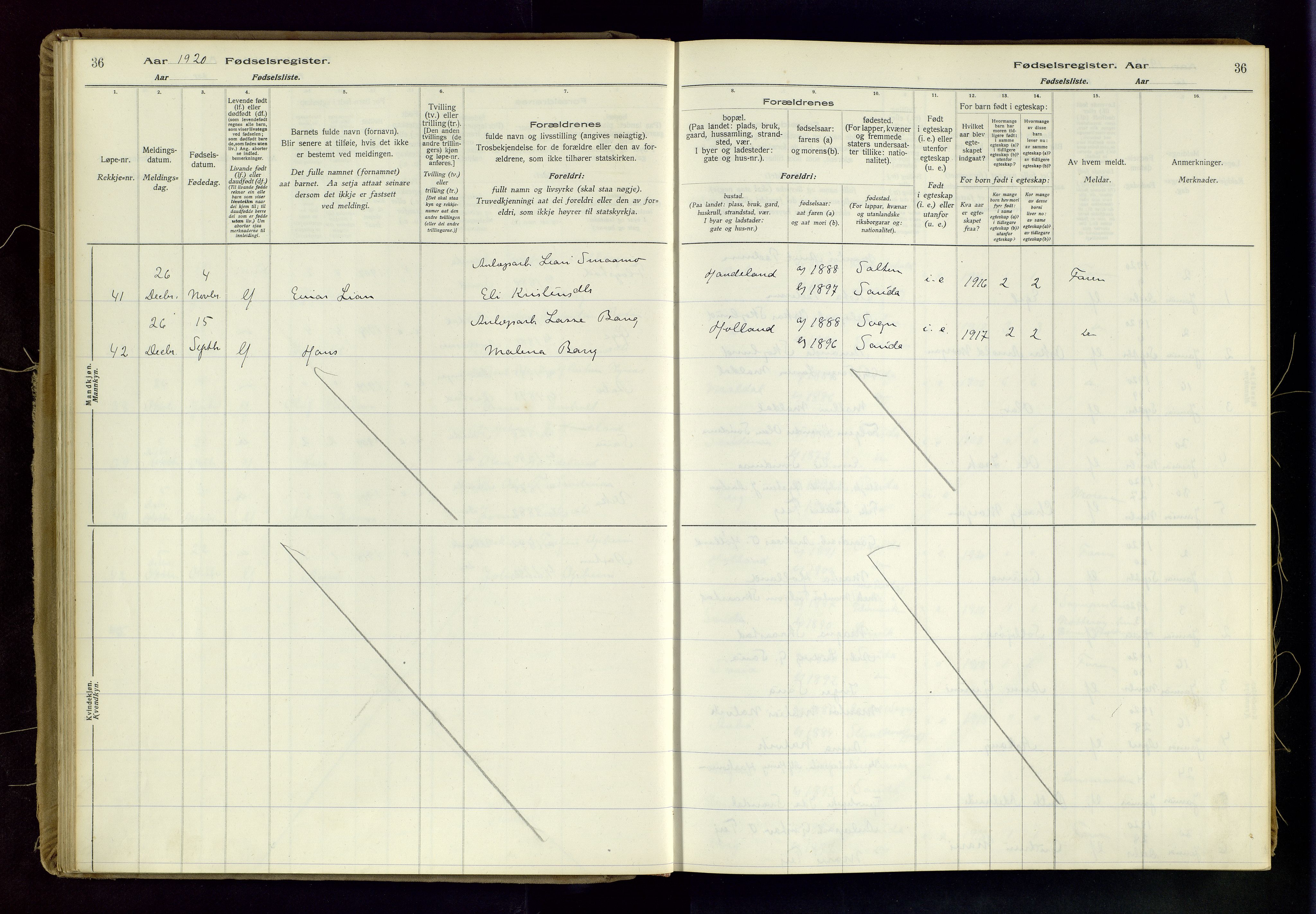 Sand sokneprestkontor, AV/SAST-A-101848/03/C/L0003: Fødselsregister nr. 3, 1916-1936, s. 36