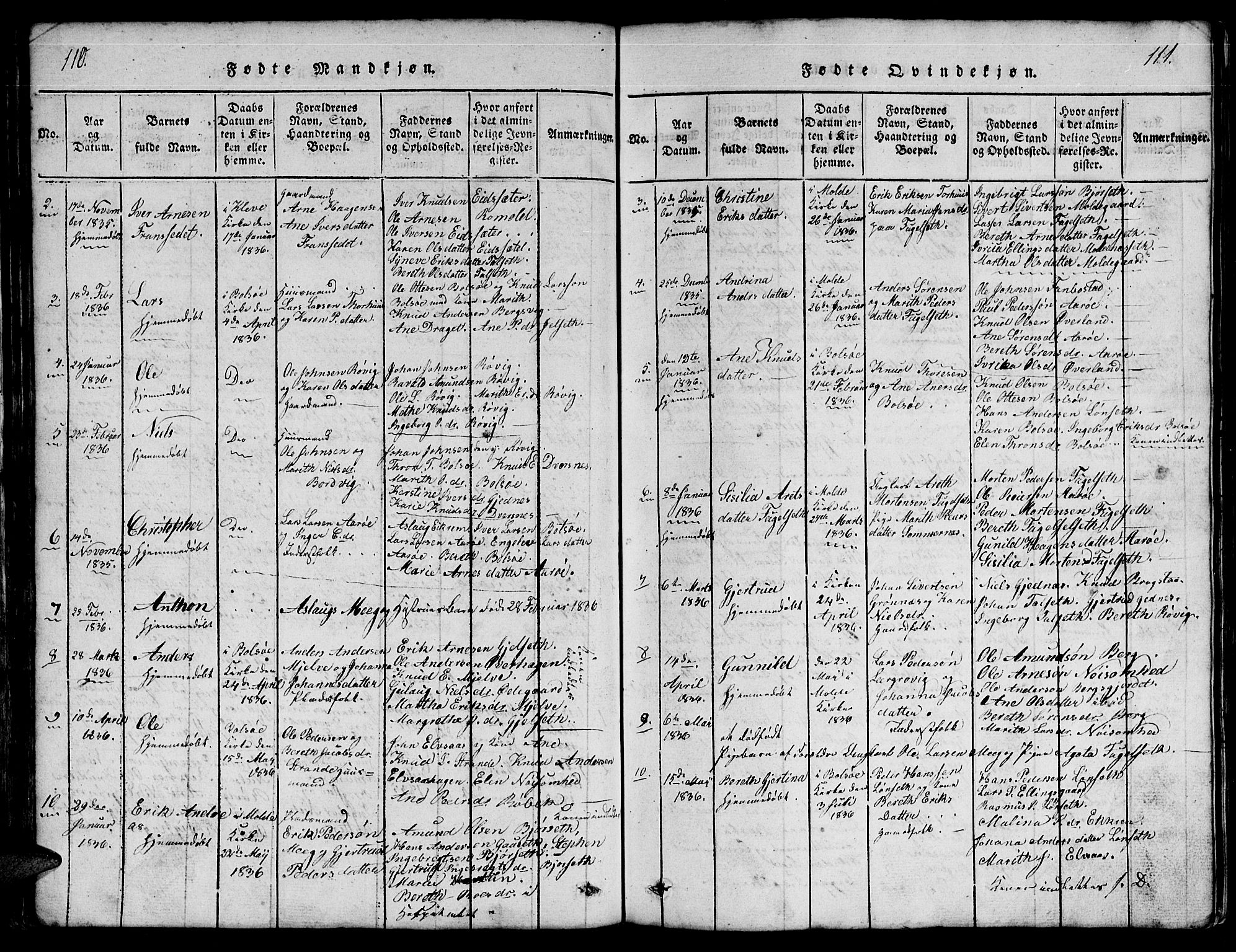 Ministerialprotokoller, klokkerbøker og fødselsregistre - Møre og Romsdal, SAT/A-1454/555/L0665: Klokkerbok nr. 555C01, 1818-1868, s. 110-111