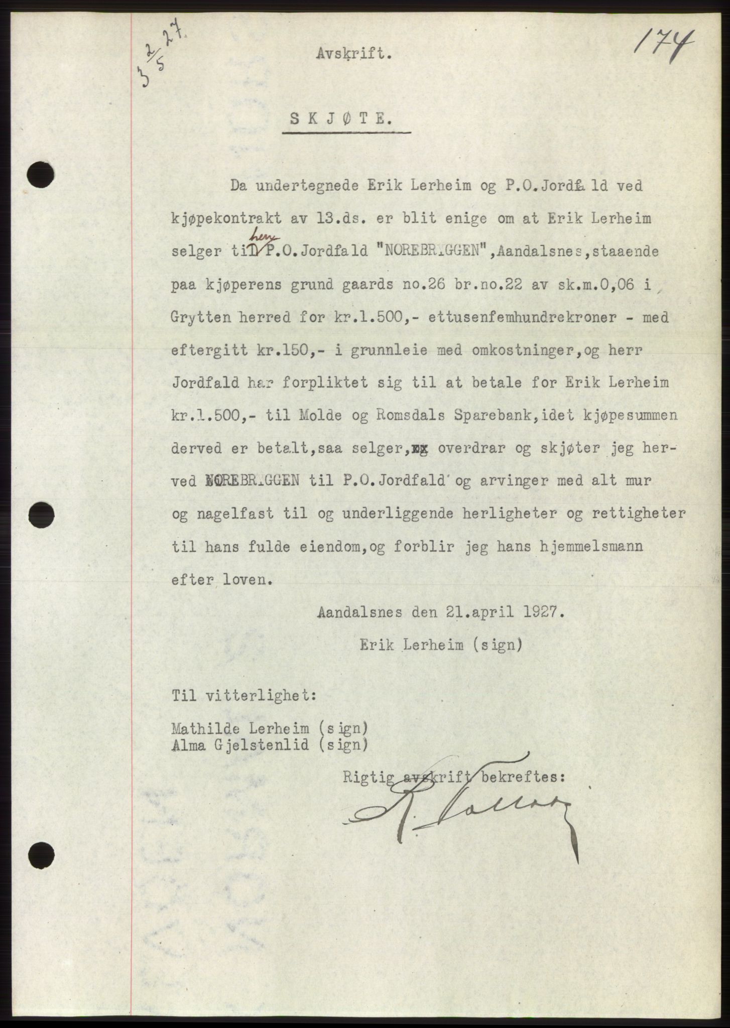 Romsdal sorenskriveri, SAT/A-4149/1/2/2C/L0052: Pantebok nr. 46, 1927-1927, Tingl.dato: 02.05.1927