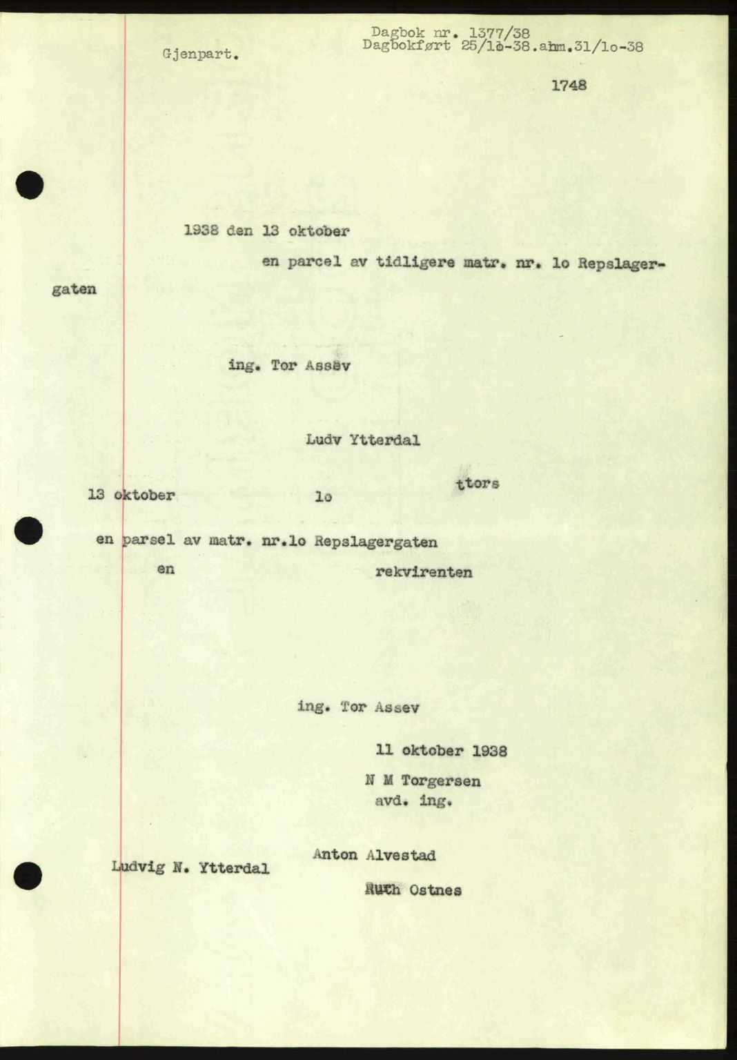 Ålesund byfogd, AV/SAT-A-4384: Pantebok nr. 34 II, 1938-1940, Dagboknr: 1377/1938