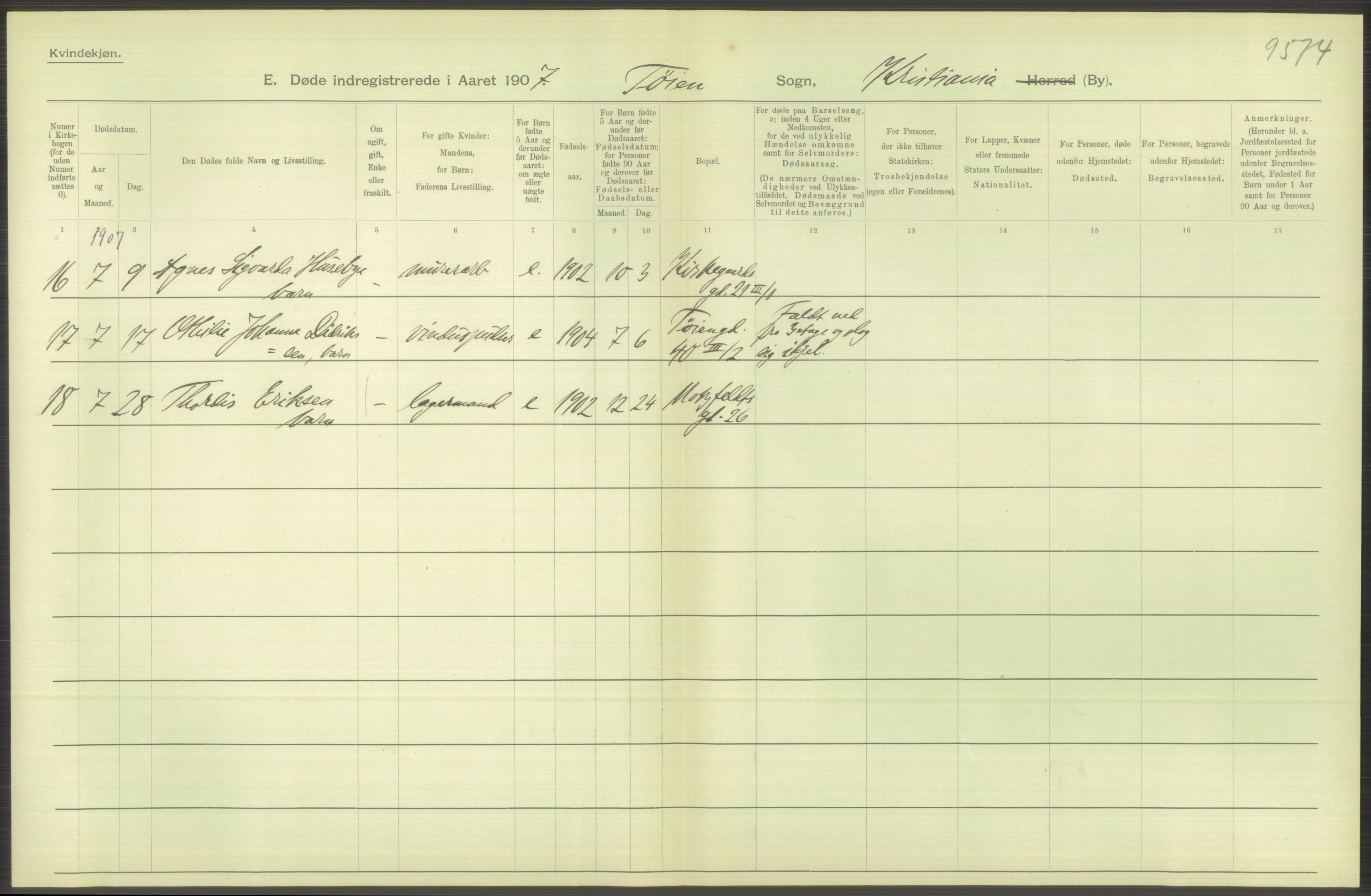 Statistisk sentralbyrå, Sosiodemografiske emner, Befolkning, AV/RA-S-2228/D/Df/Dfa/Dfae/L0009: Kristiania: Døde, 1907, s. 558