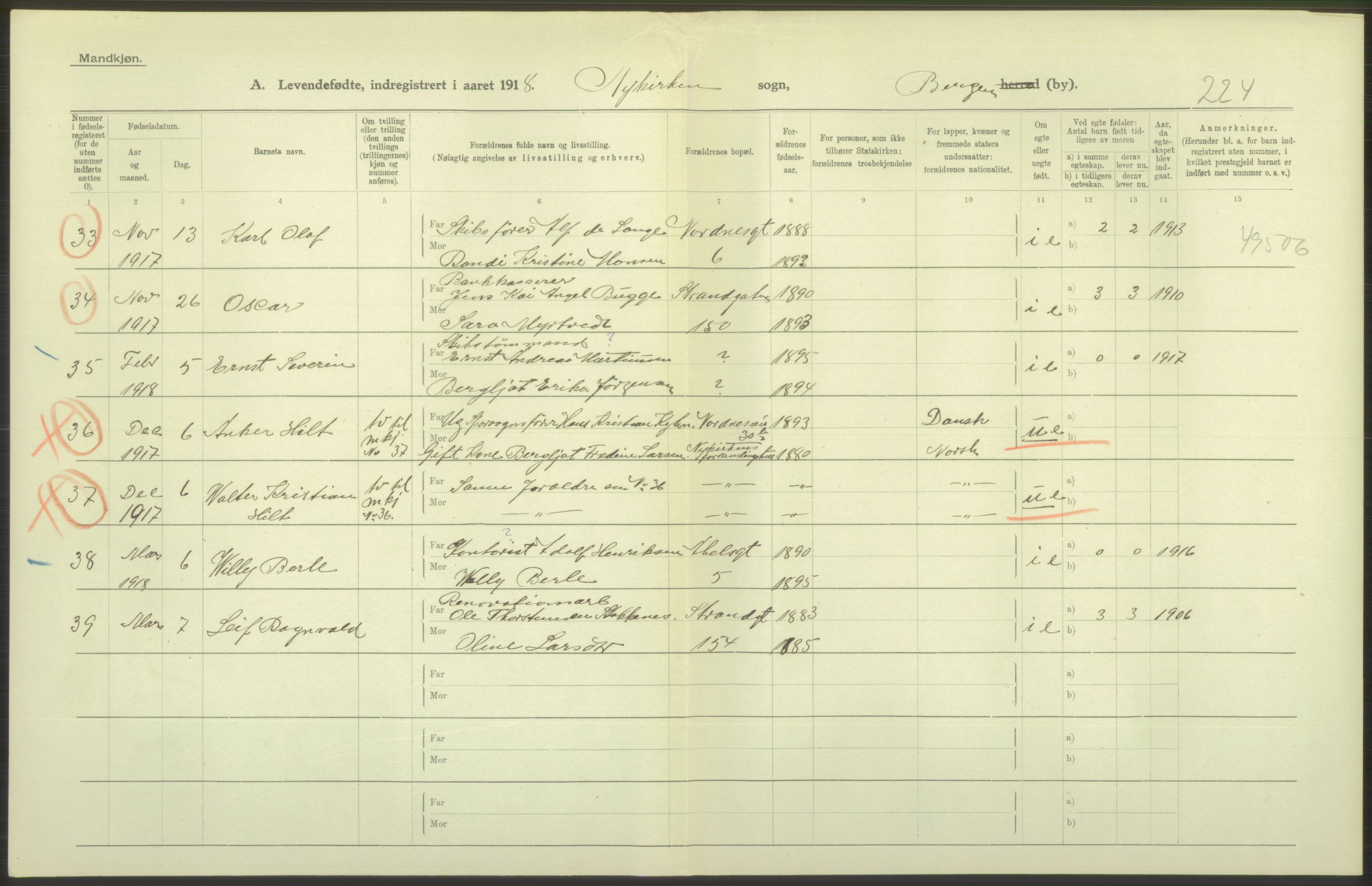 Statistisk sentralbyrå, Sosiodemografiske emner, Befolkning, AV/RA-S-2228/D/Df/Dfb/Dfbh/L0037: Bergen: Levendefødte menn og kvinner., 1918, s. 390