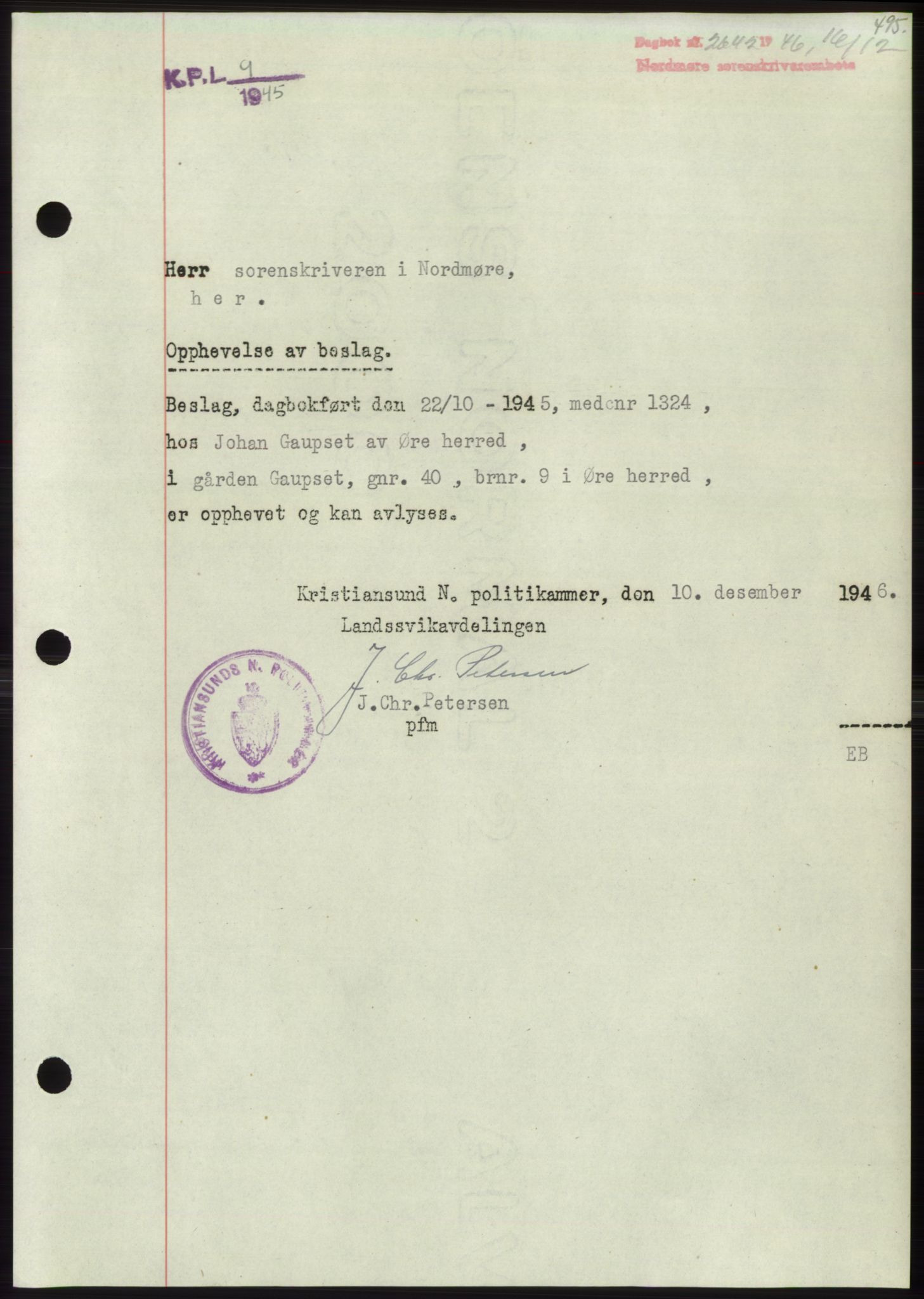 Nordmøre sorenskriveri, SAT/A-4132/1/2/2Ca: Pantebok nr. B95, 1946-1947, Dagboknr: 2642/1946