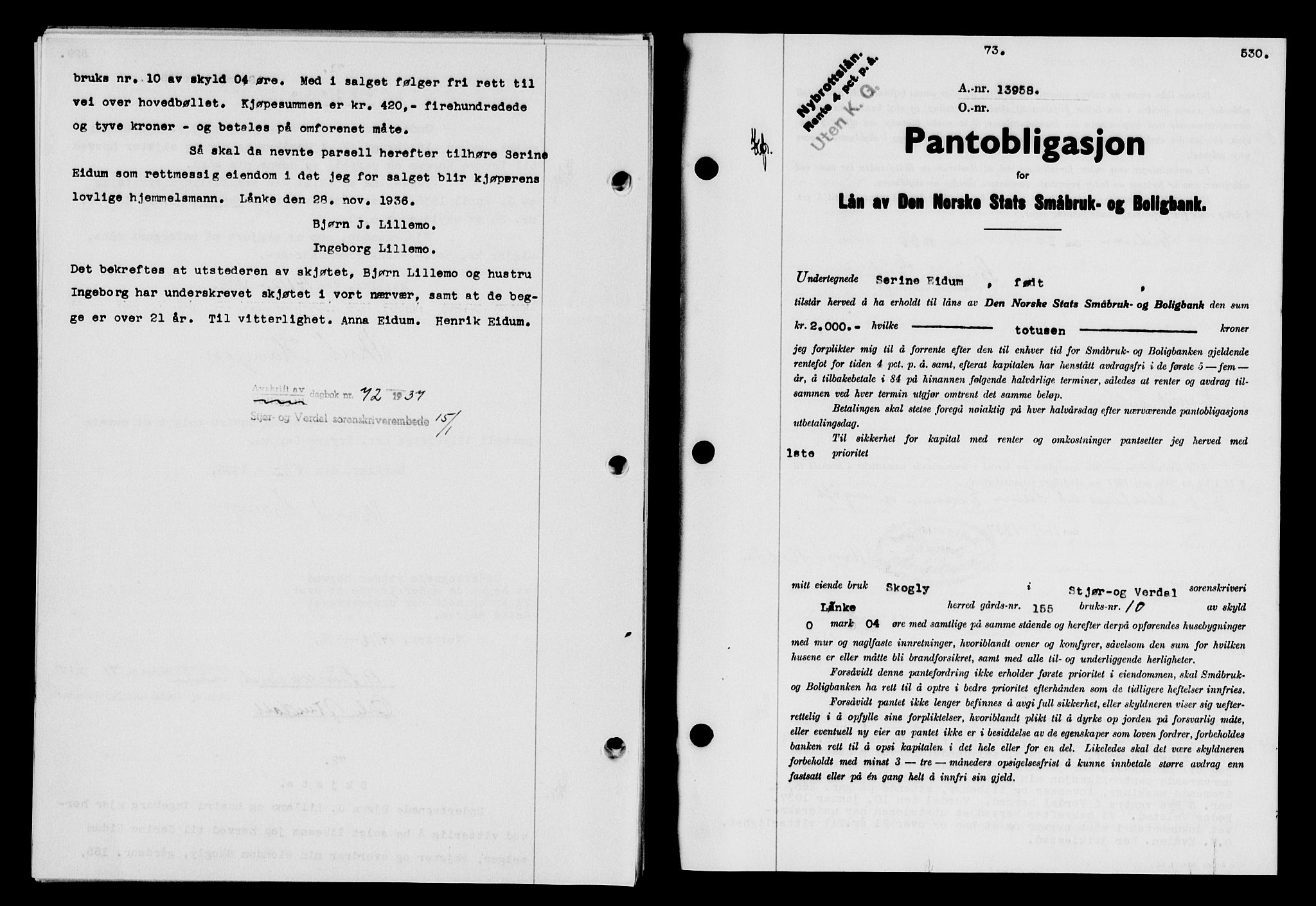 Stjør- og Verdal sorenskriveri, SAT/A-4167/1/2/2C/L0078: Pantebok nr. 46, 1936-1937, Dagboknr: 73/1937