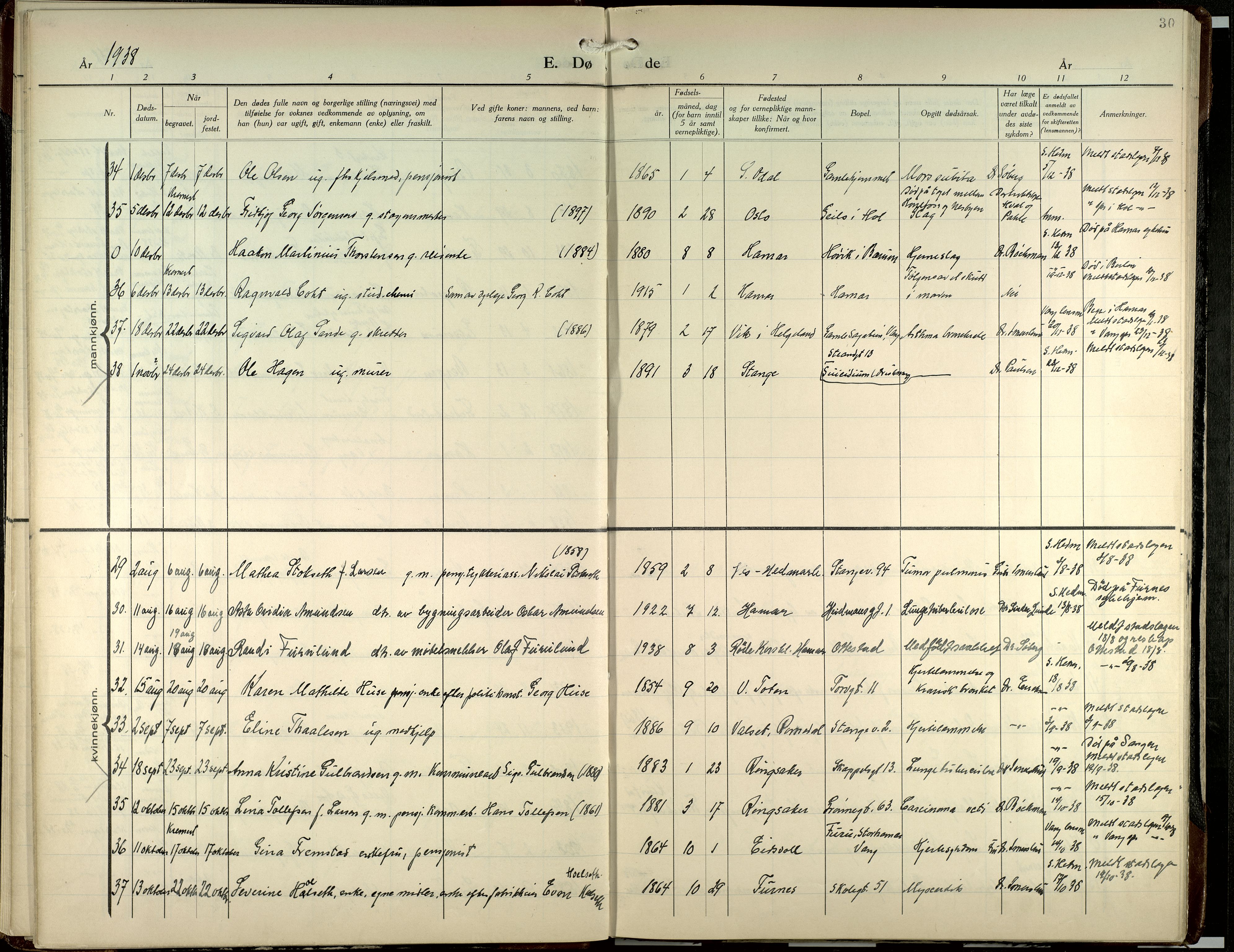 Hamar prestekontor, AV/SAH-DOMPH-002/H/Ha/Haa/L0007: Ministerialbok nr. 7, 1933-1953, s. 30