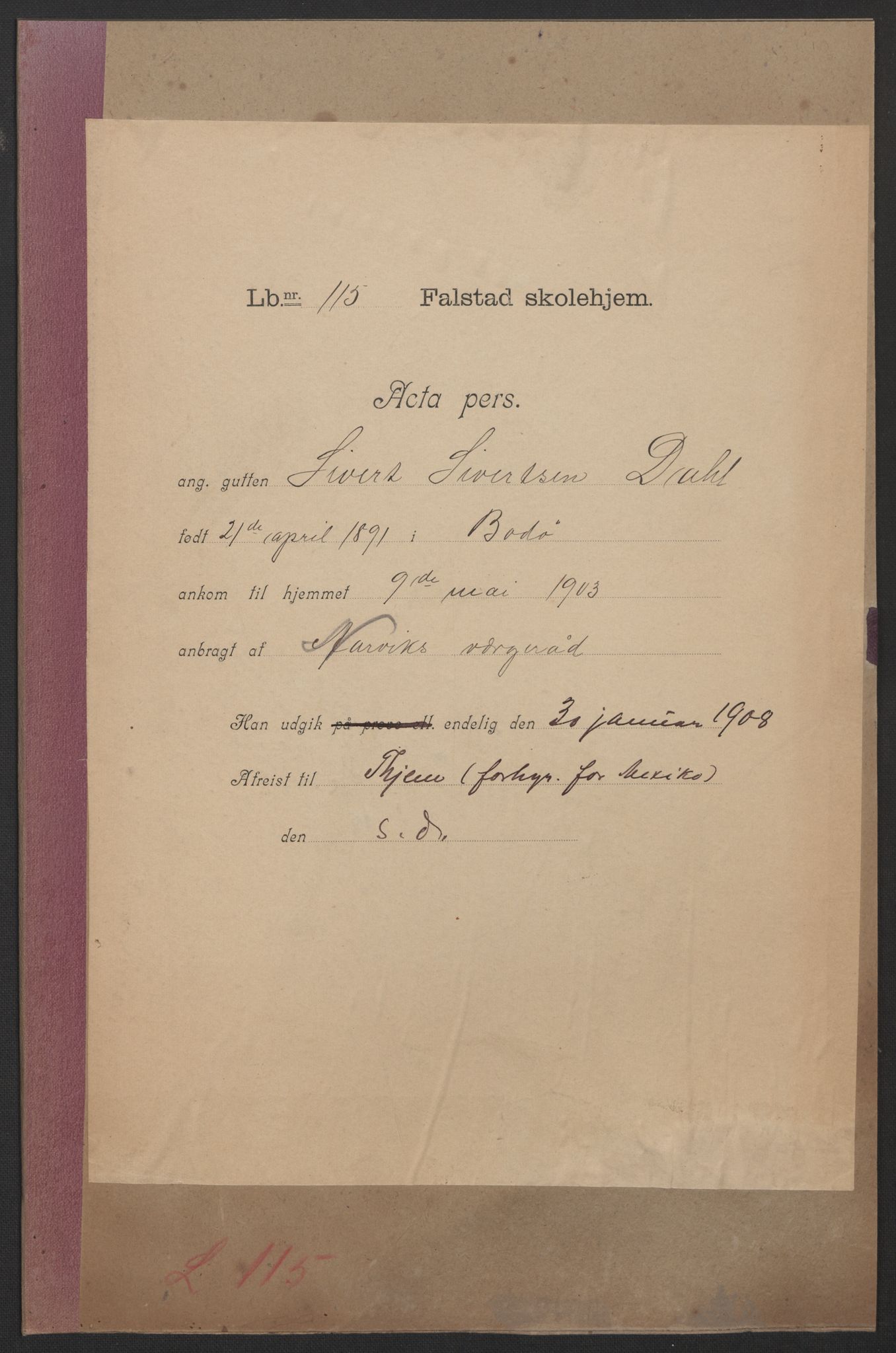 Falstad skolehjem, RA/S-1676/E/Eb/L0005: Elevmapper løpenr. 99-120, 1902-1909, s. 262