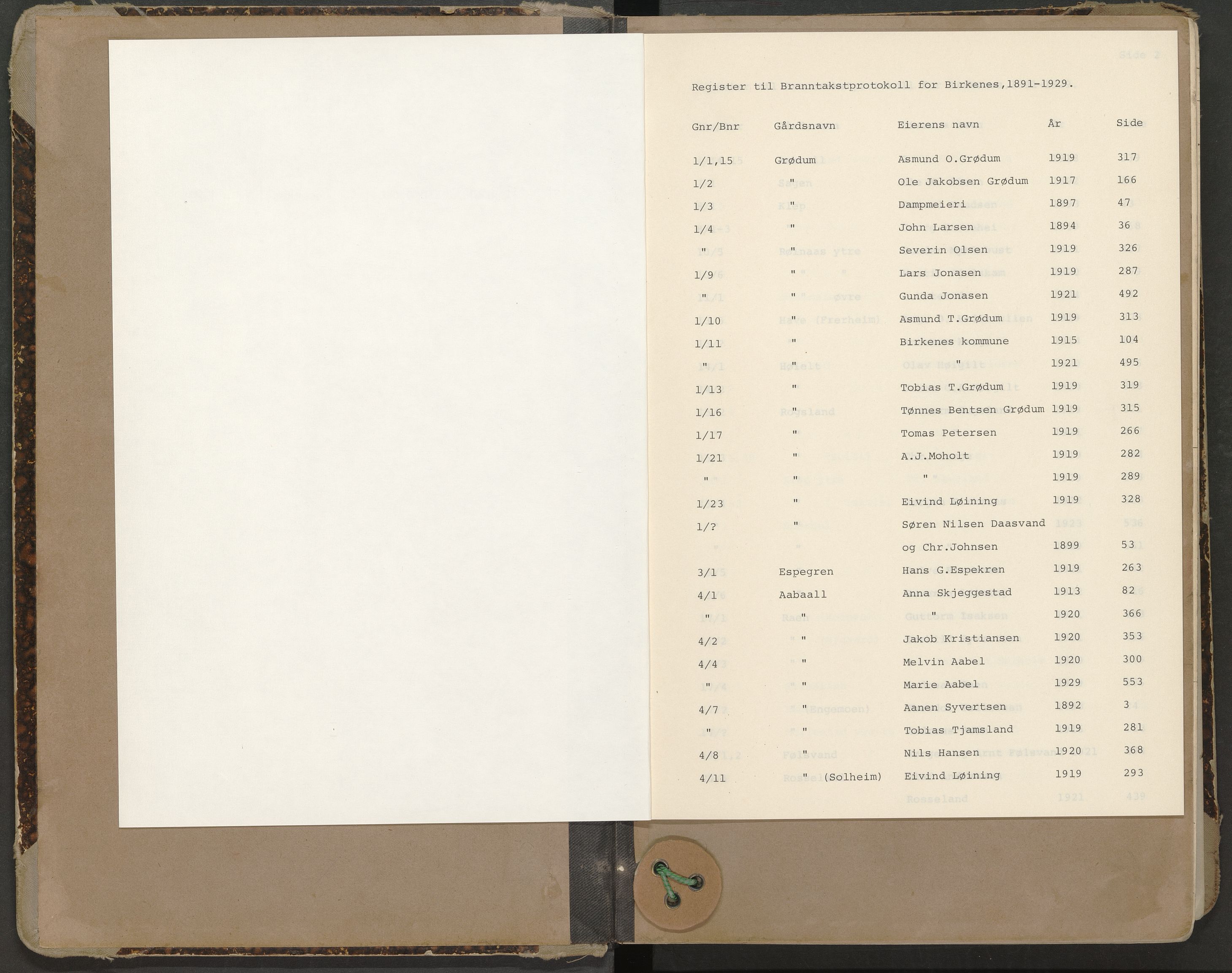 Norges Brannkasse Birkenes, AV/SAK-2241-0005/F/Fa/L0002: Branntakstprotokoll nr. 2 med gårdsnavnregister, 1891-1929