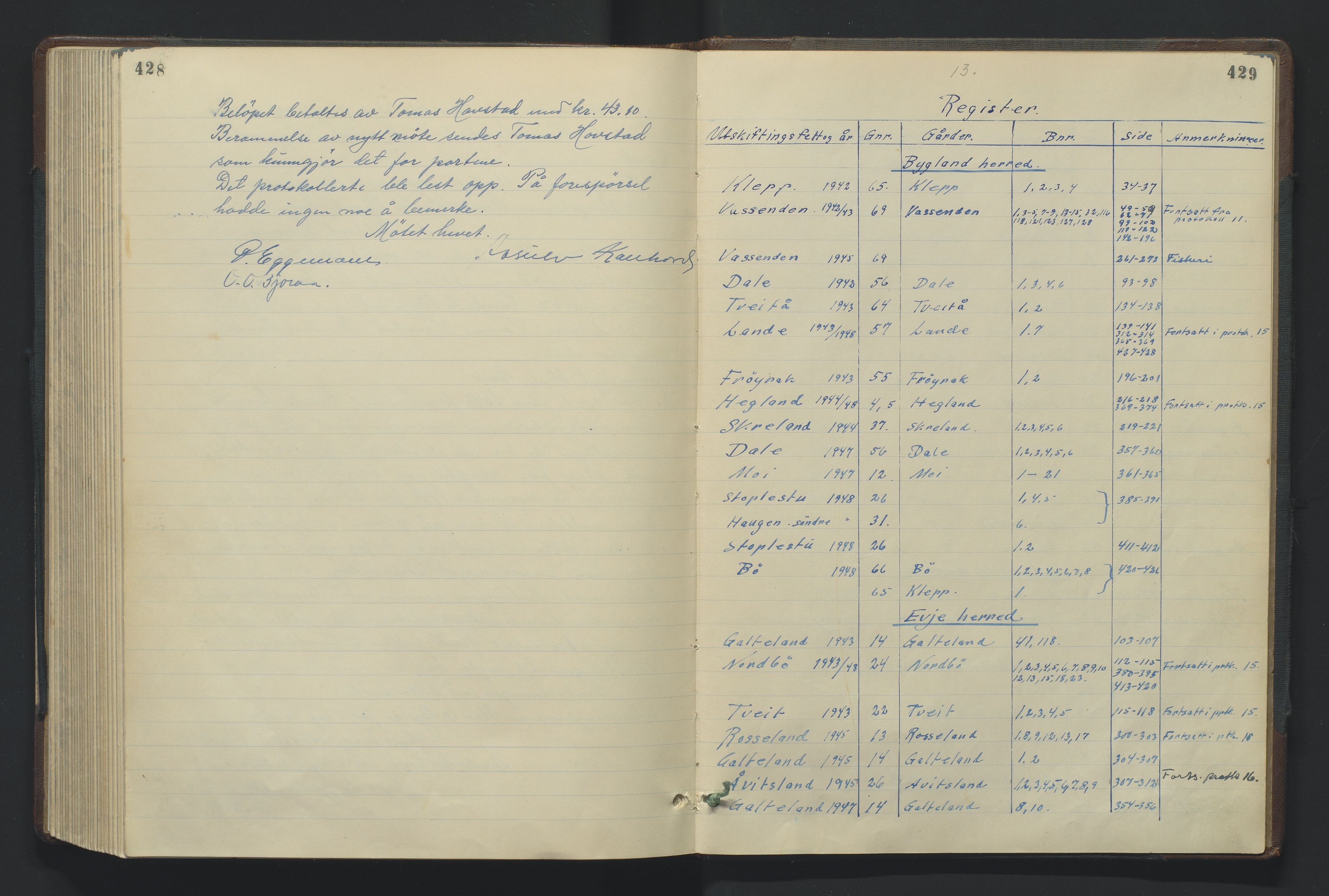 Utskiftningsformannen i Nedenes amt, SAK/1541-0002/F/Fa/Fac/L0012: Jordskifteprotokoll med register, Setesdal domssokn nr 13, 1941-1948, s. 428-429