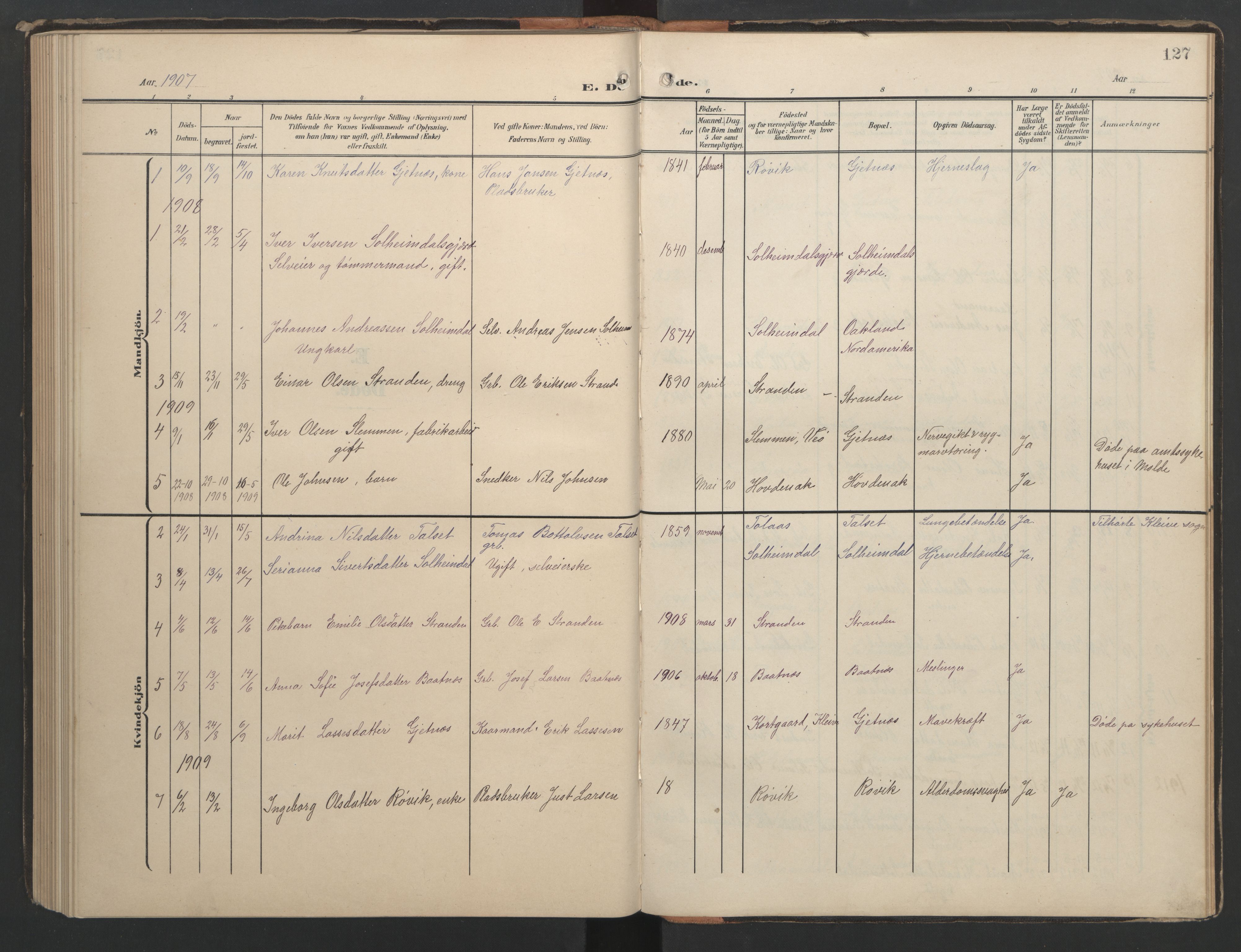 Ministerialprotokoller, klokkerbøker og fødselsregistre - Møre og Romsdal, SAT/A-1454/556/L0677: Klokkerbok nr. 556C01, 1907-1953, s. 127