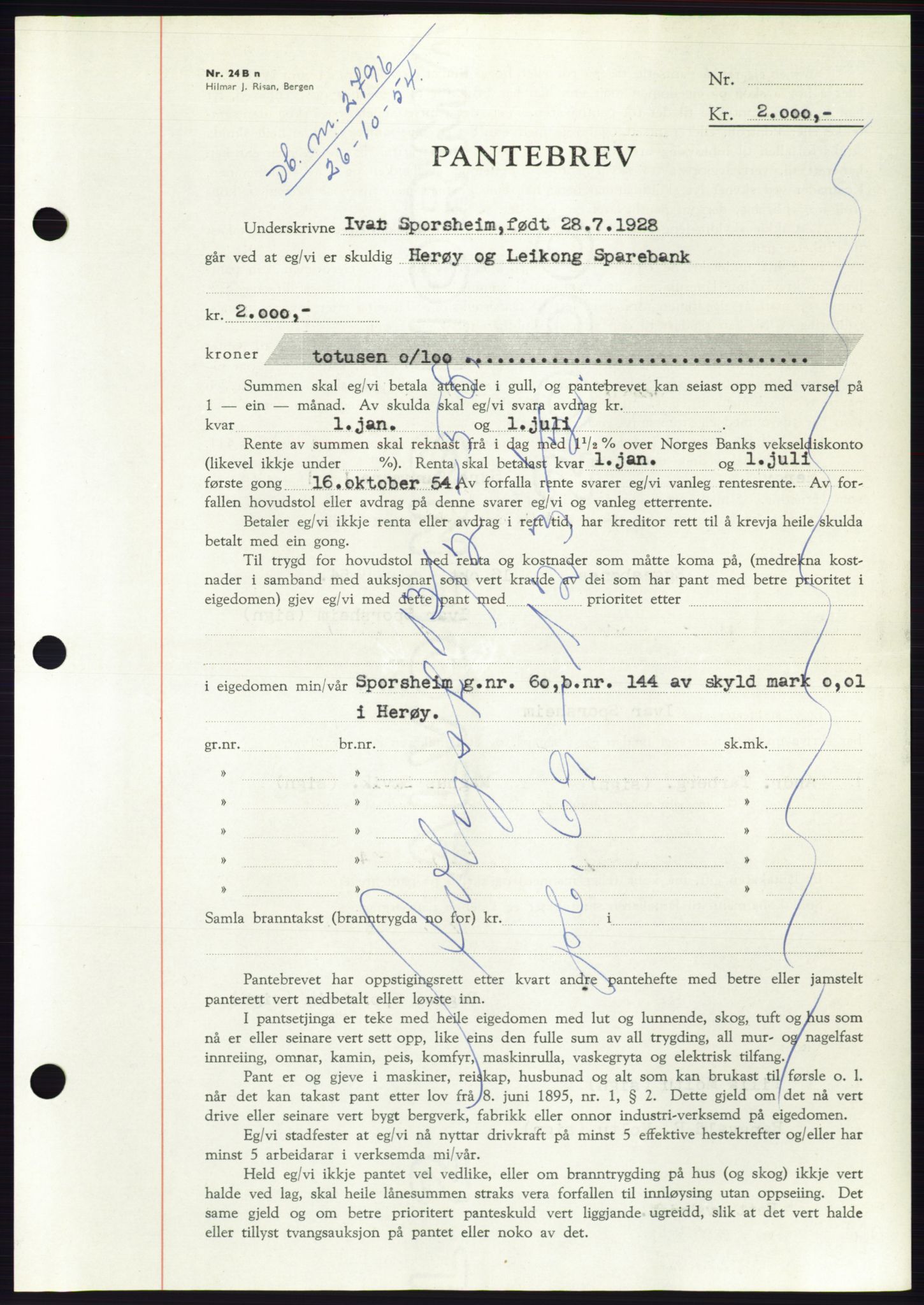 Søre Sunnmøre sorenskriveri, AV/SAT-A-4122/1/2/2C/L0126: Pantebok nr. 14B, 1954-1955, Dagboknr: 2796/1954