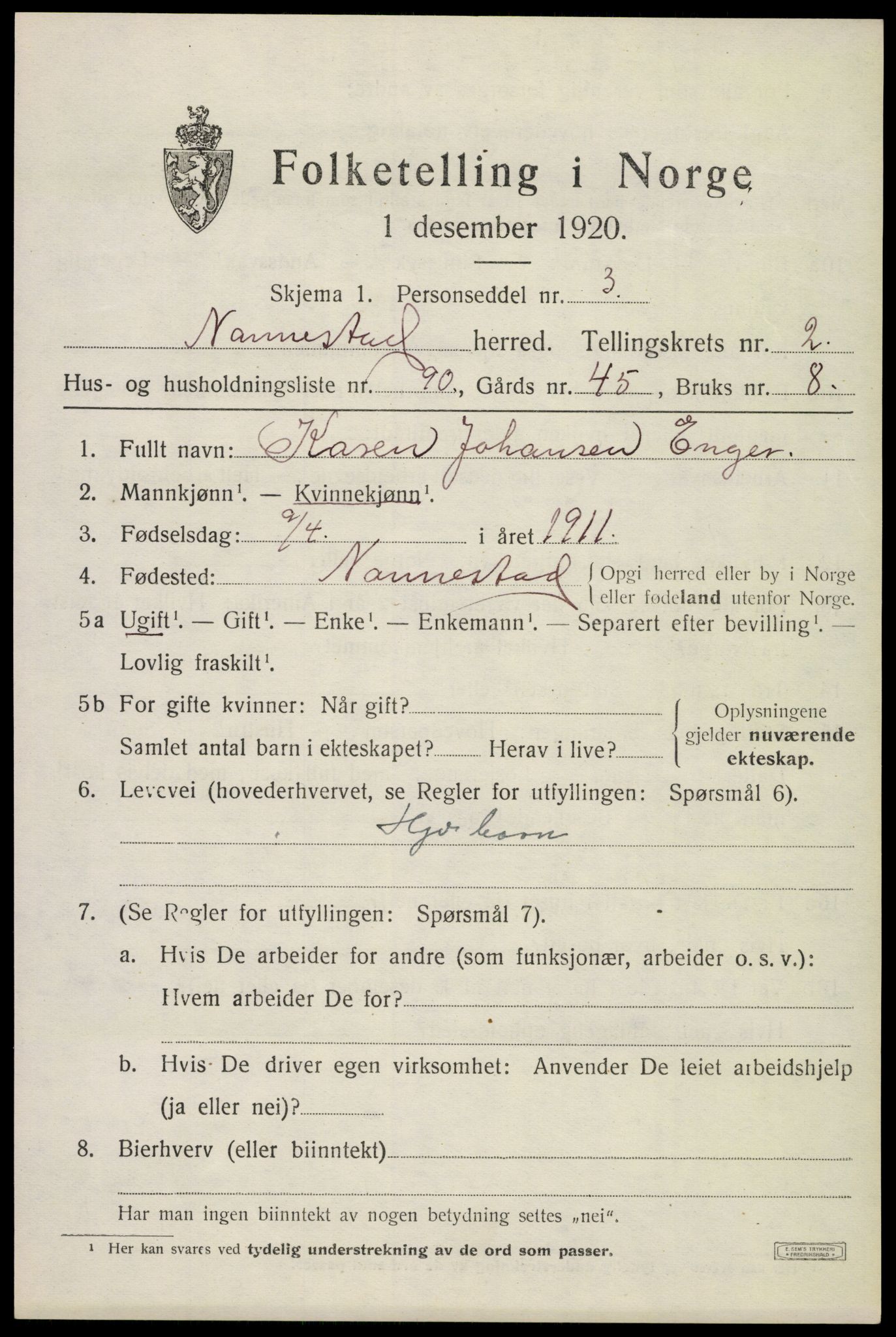SAO, Folketelling 1920 for 0238 Nannestad herred, 1920, s. 3667