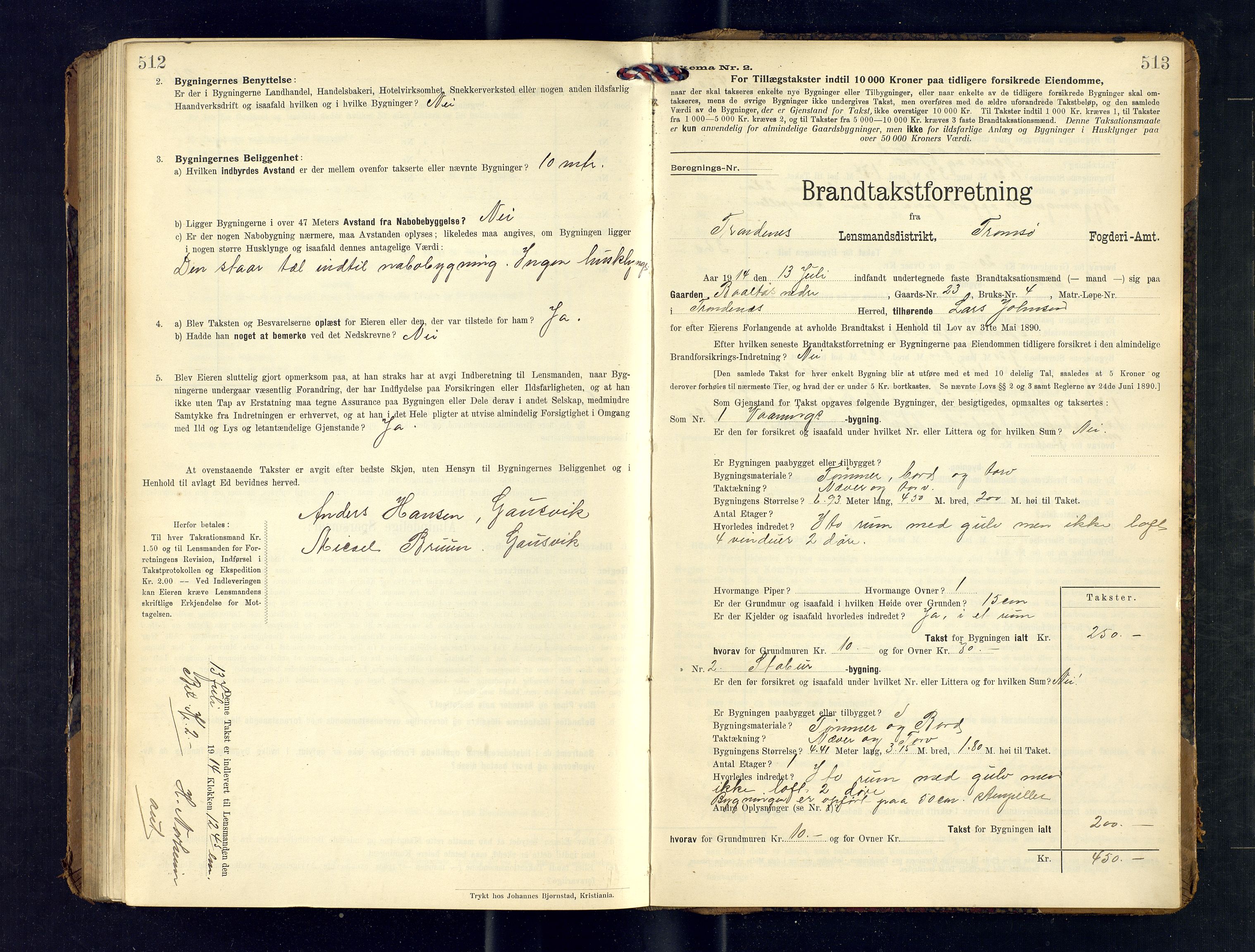 Harstad lensmannskontor, SATØ/SATØ-10/F/Fr/Fra/L0603: Branntakstprotokoll (S). Merket R, 1909-1914, s. 512-513