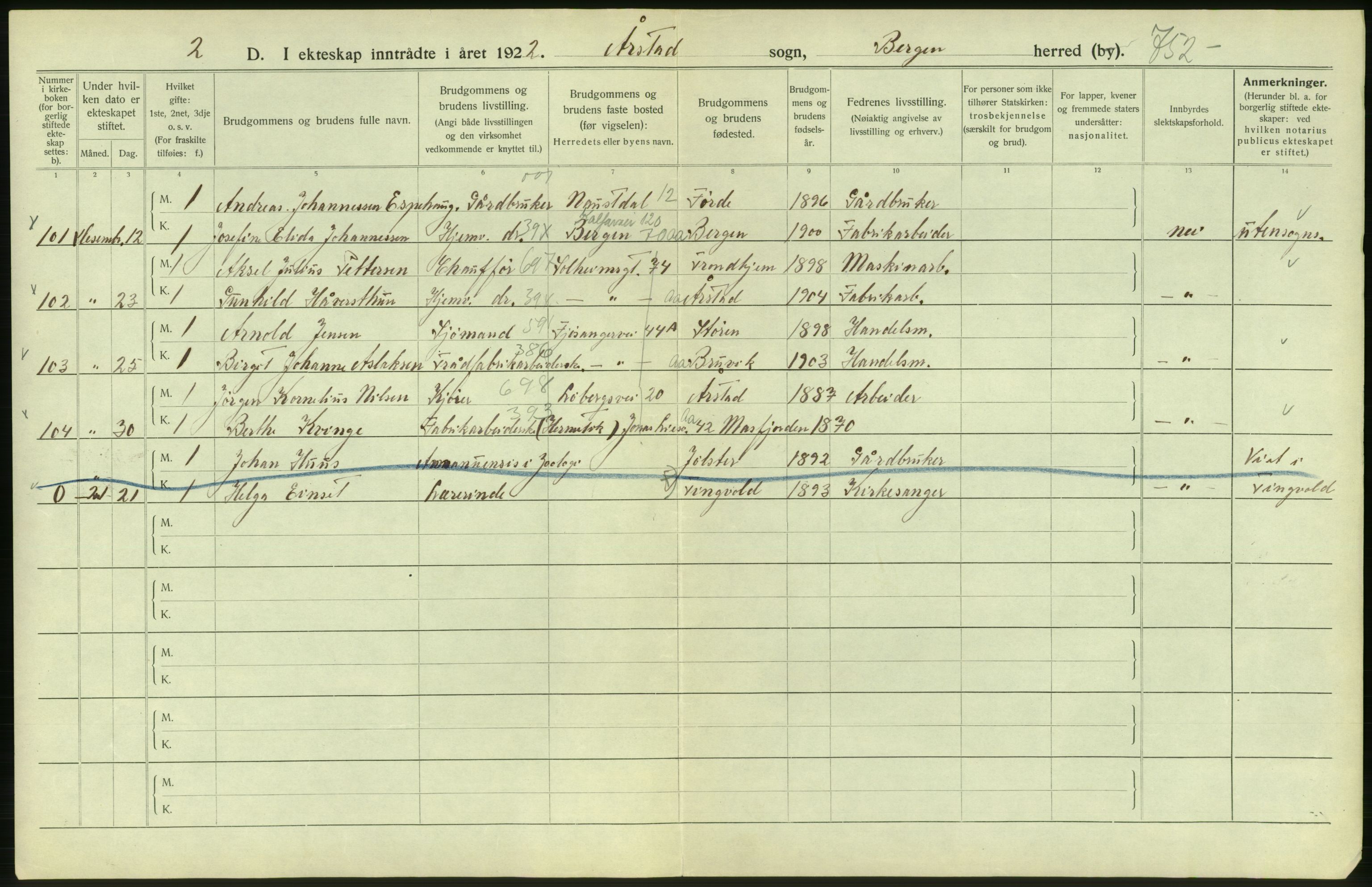 Statistisk sentralbyrå, Sosiodemografiske emner, Befolkning, RA/S-2228/D/Df/Dfc/Dfcb/L0030: Bergen: Gifte, døde, dødfødte., 1922, s. 62