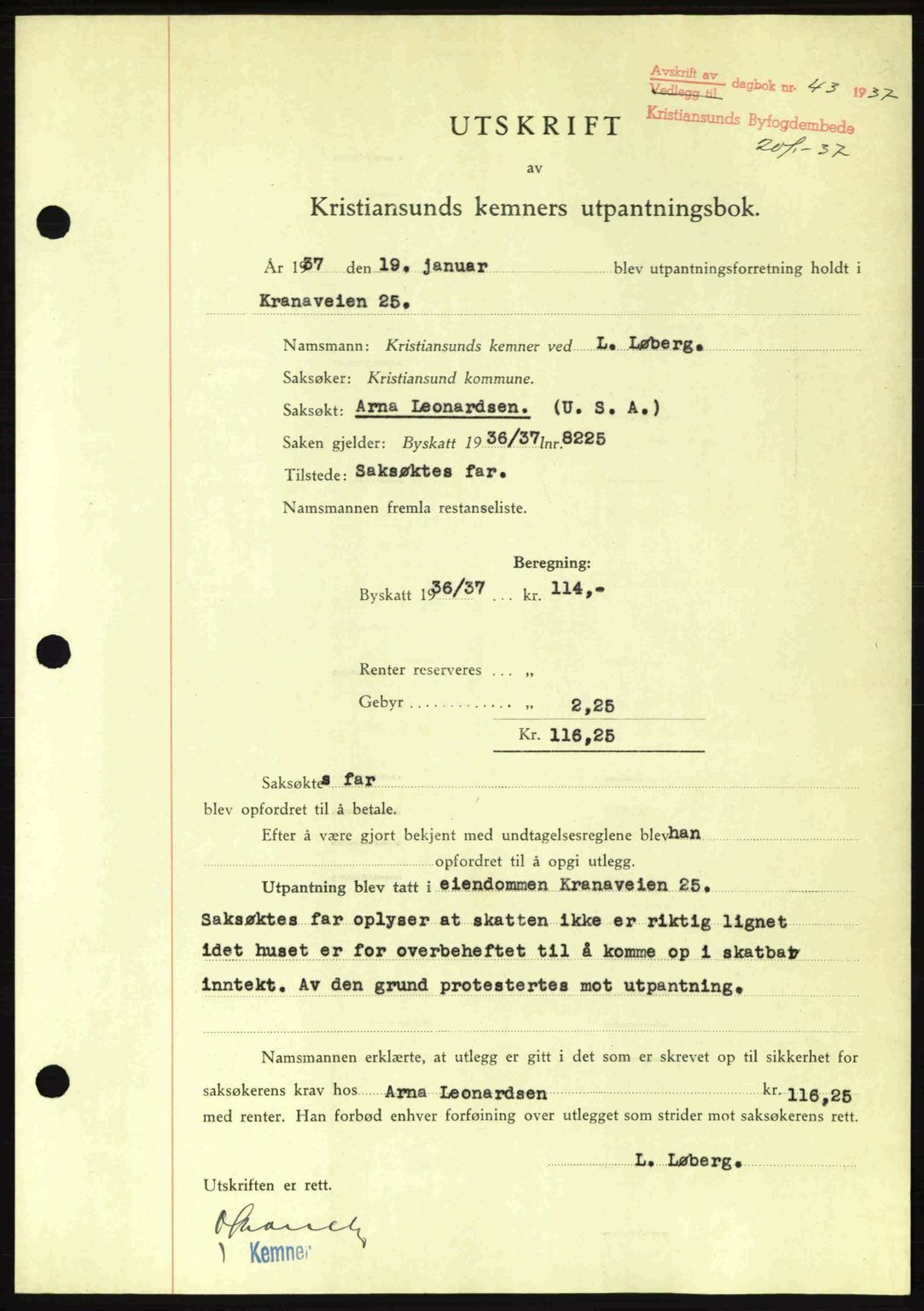Kristiansund byfogd, SAT/A-4587/A/27: Pantebok nr. 29, 1936-1937, Dagboknr: 43/1937