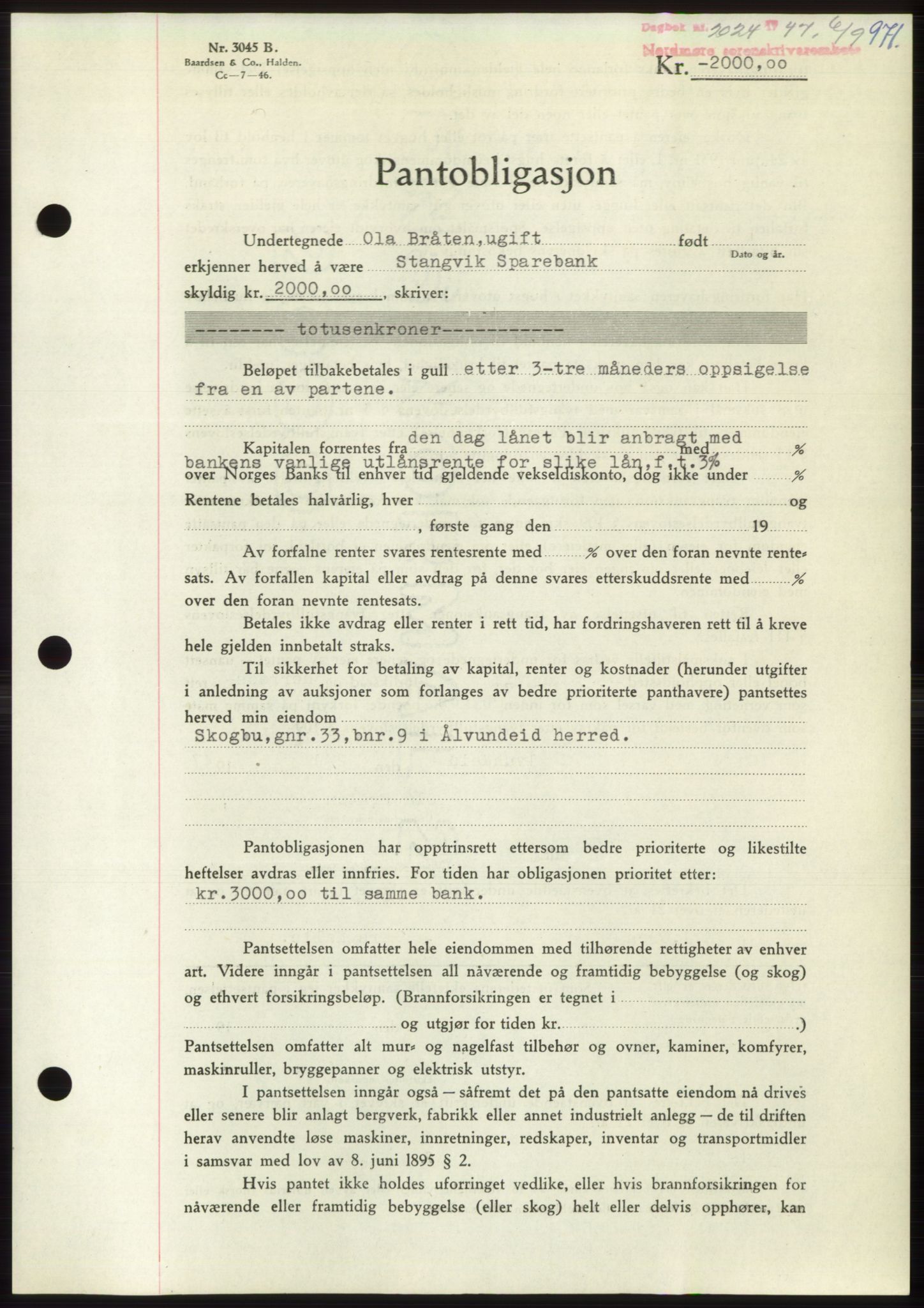 Nordmøre sorenskriveri, AV/SAT-A-4132/1/2/2Ca: Pantebok nr. B96, 1947-1947, Dagboknr: 2024/1947