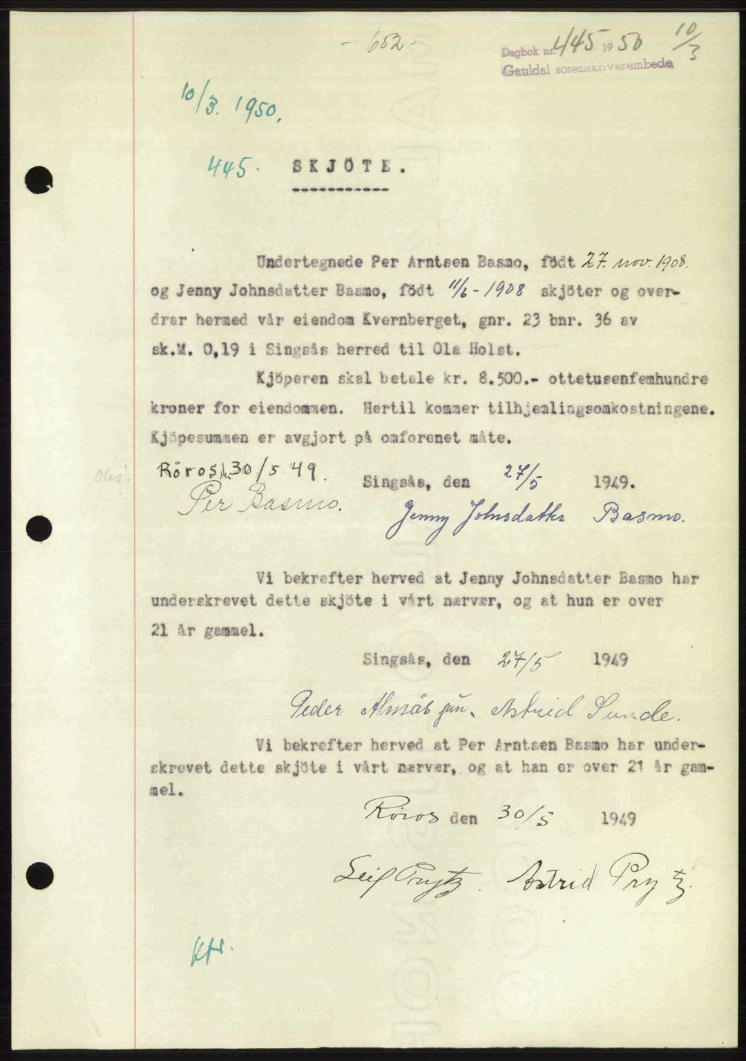 Gauldal sorenskriveri, SAT/A-0014/1/2/2C: Pantebok nr. A9, 1949-1950, Dagboknr: 445/1950