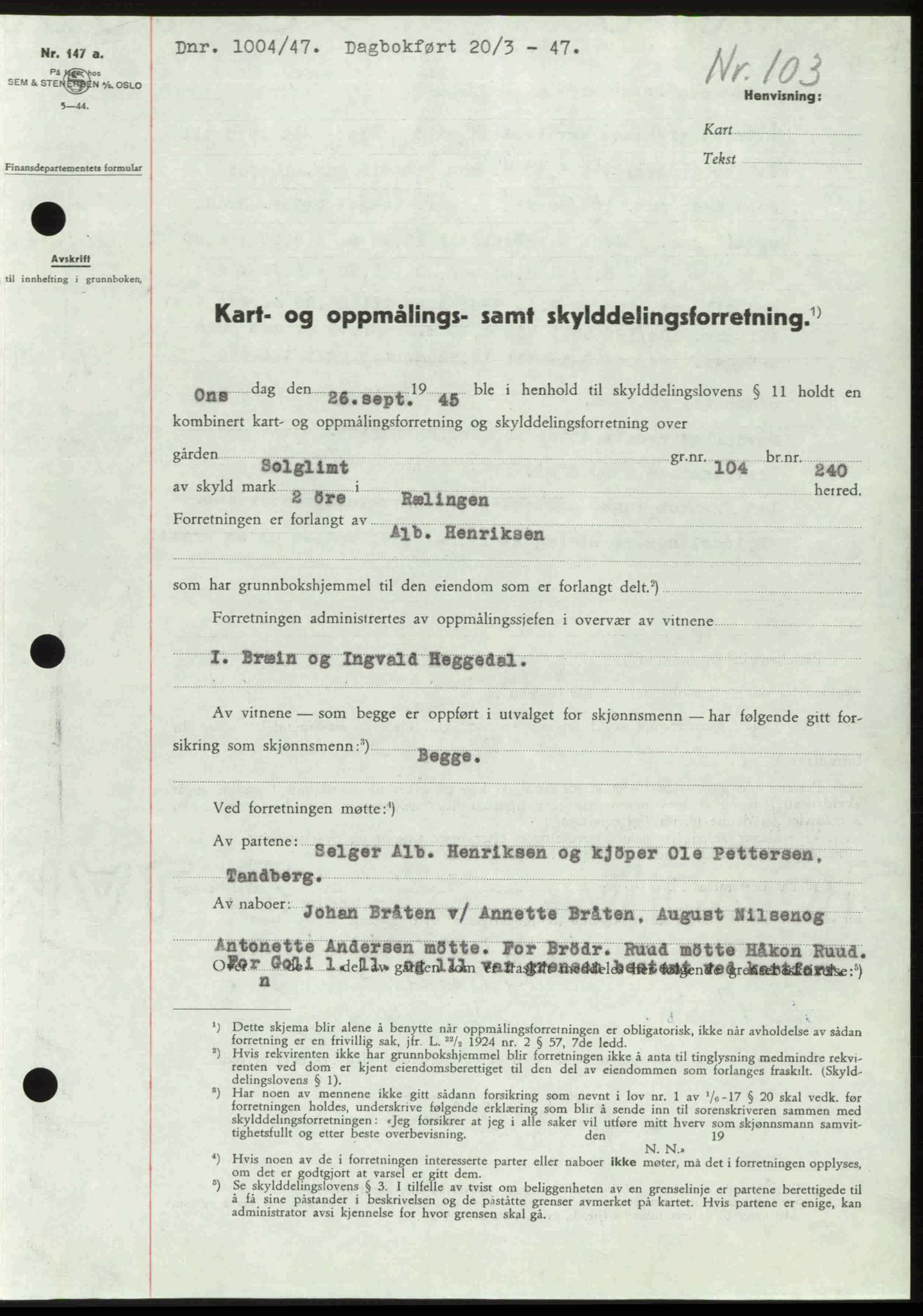 Nedre Romerike sorenskriveri, AV/SAO-A-10469/G/Gb/Gbd/L0018: Pantebok nr. 18, 1947-1947, Dagboknr: 1004/1947