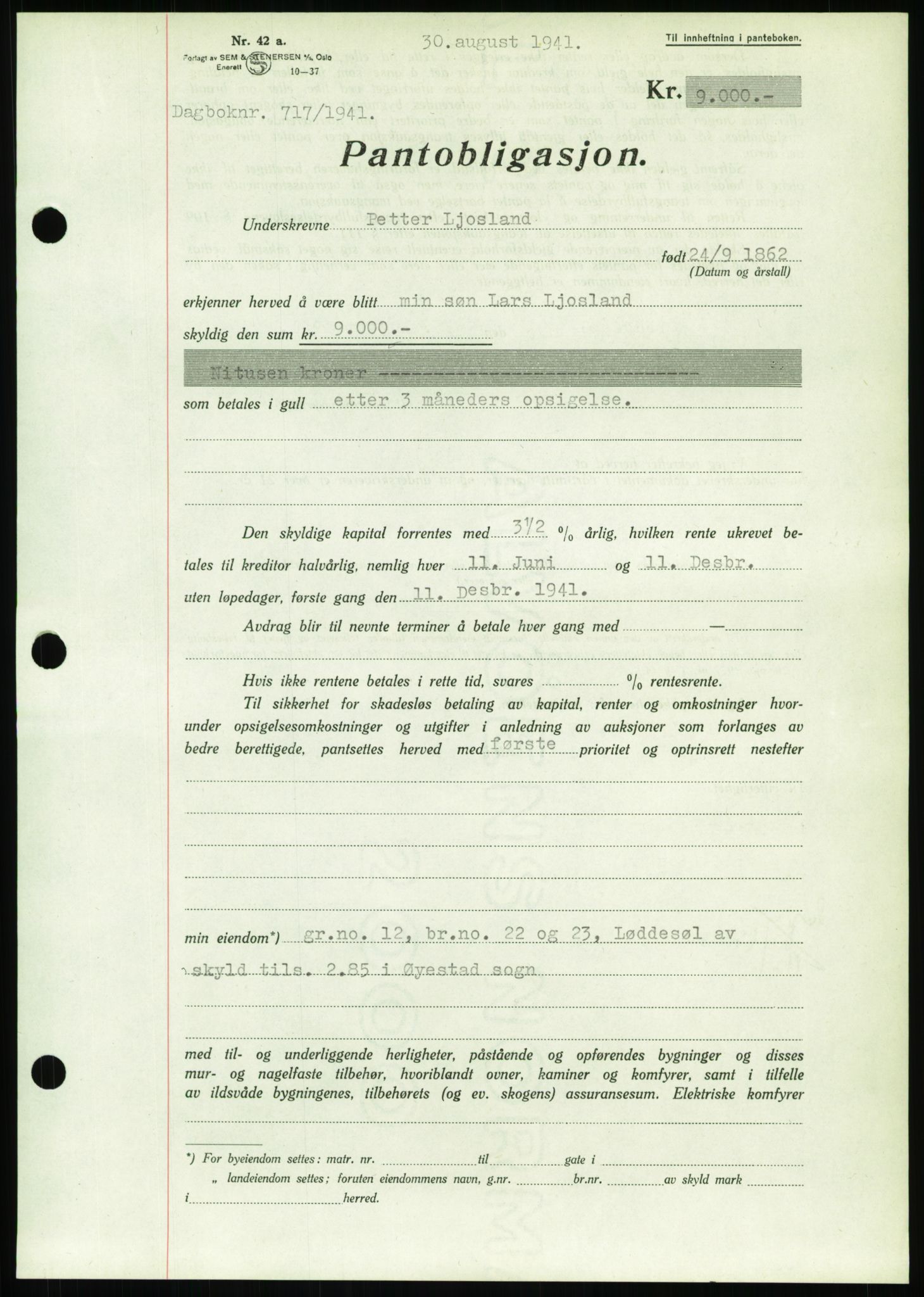 Nedenes sorenskriveri, SAK/1221-0006/G/Gb/Gbb/L0001: Pantebok nr. I, 1939-1942, Dagboknr: 717/1941